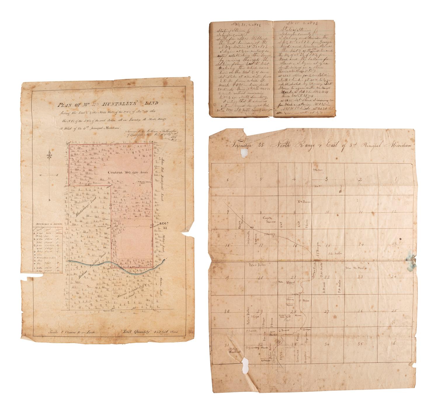 [MAPS & ATLASES]. Surveyor's ledger. Schuyler County, IL, 1867-1868. [ With :] Four 19th-century land plats.