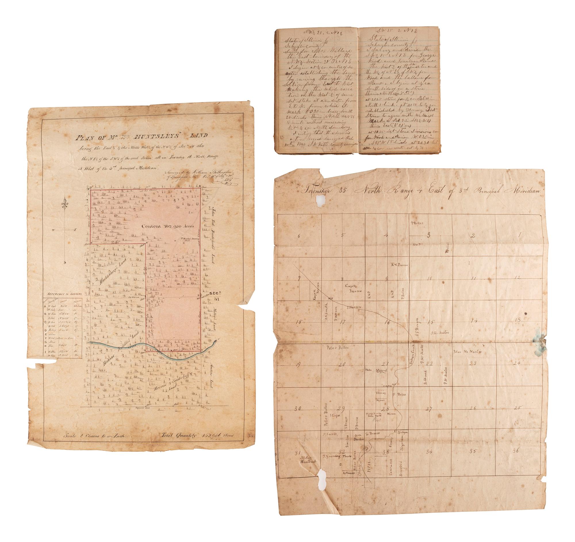 [MAPS & ATLASES]. Surveyor's ledger. Schuyler County, IL, 1867-1868. [ With :] Four 19th-century land plats.