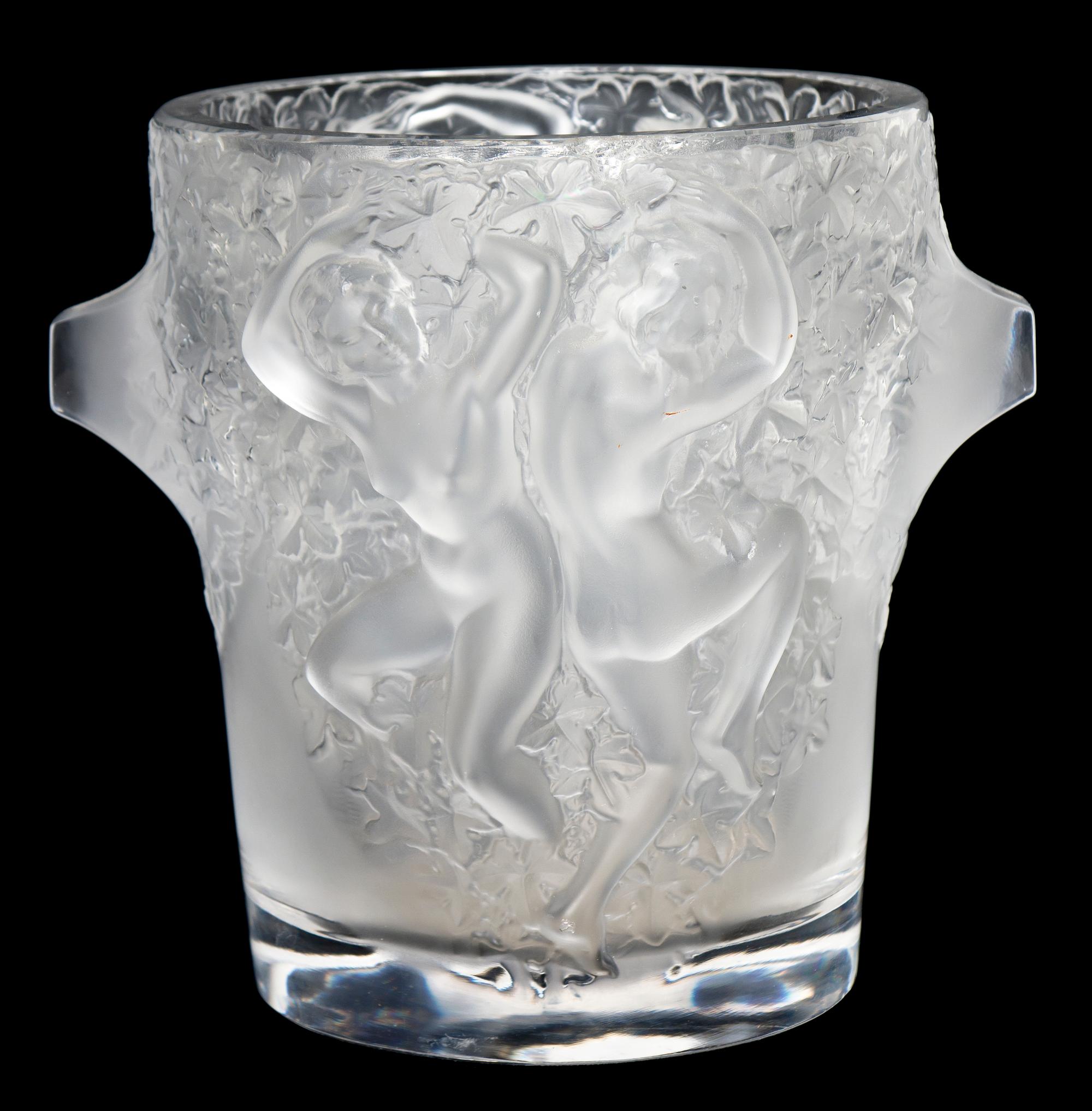 A Lalique Molded and Frosted Glass Ice Bucket, Height 9 inches.