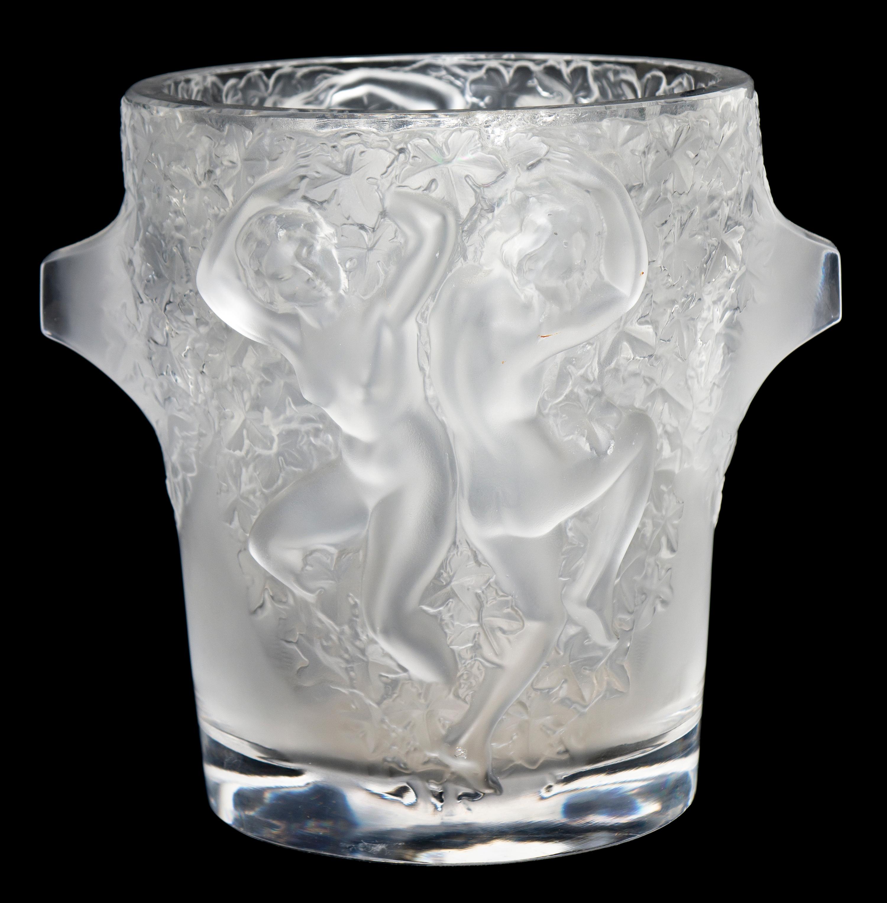 A Lalique Molded and Frosted Glass Ice Bucket, Height 9 inches.
