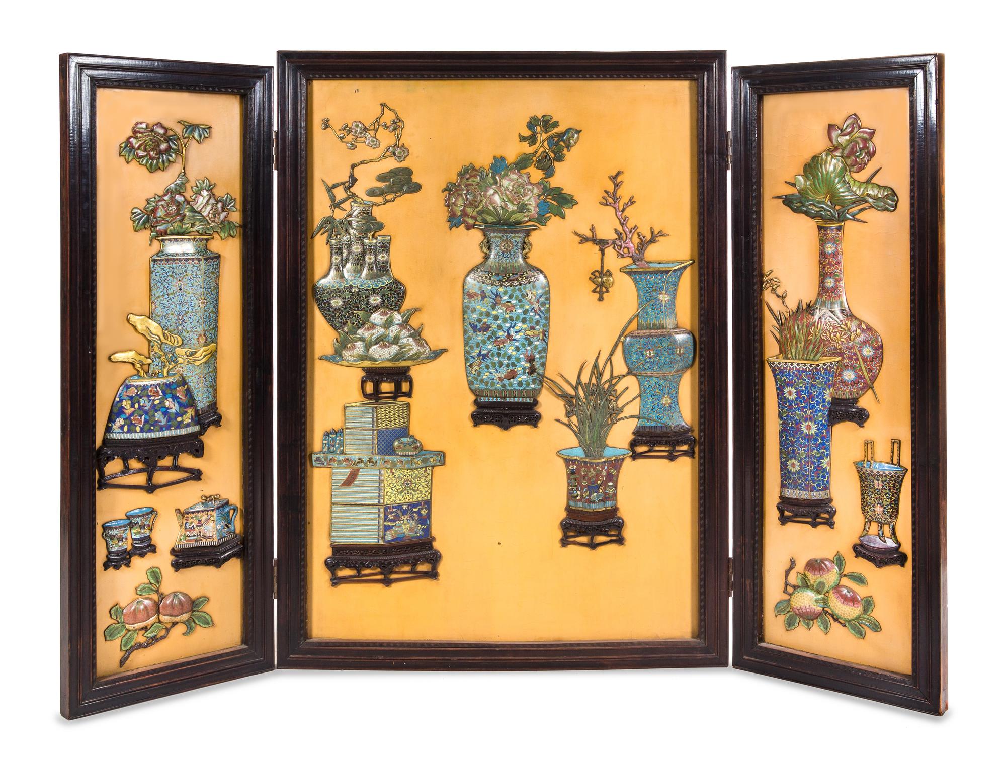 A Chinese Cloisonne Enamel Inset Yellow Lacquered Three-Fold Floor Screen Height 65 inches.