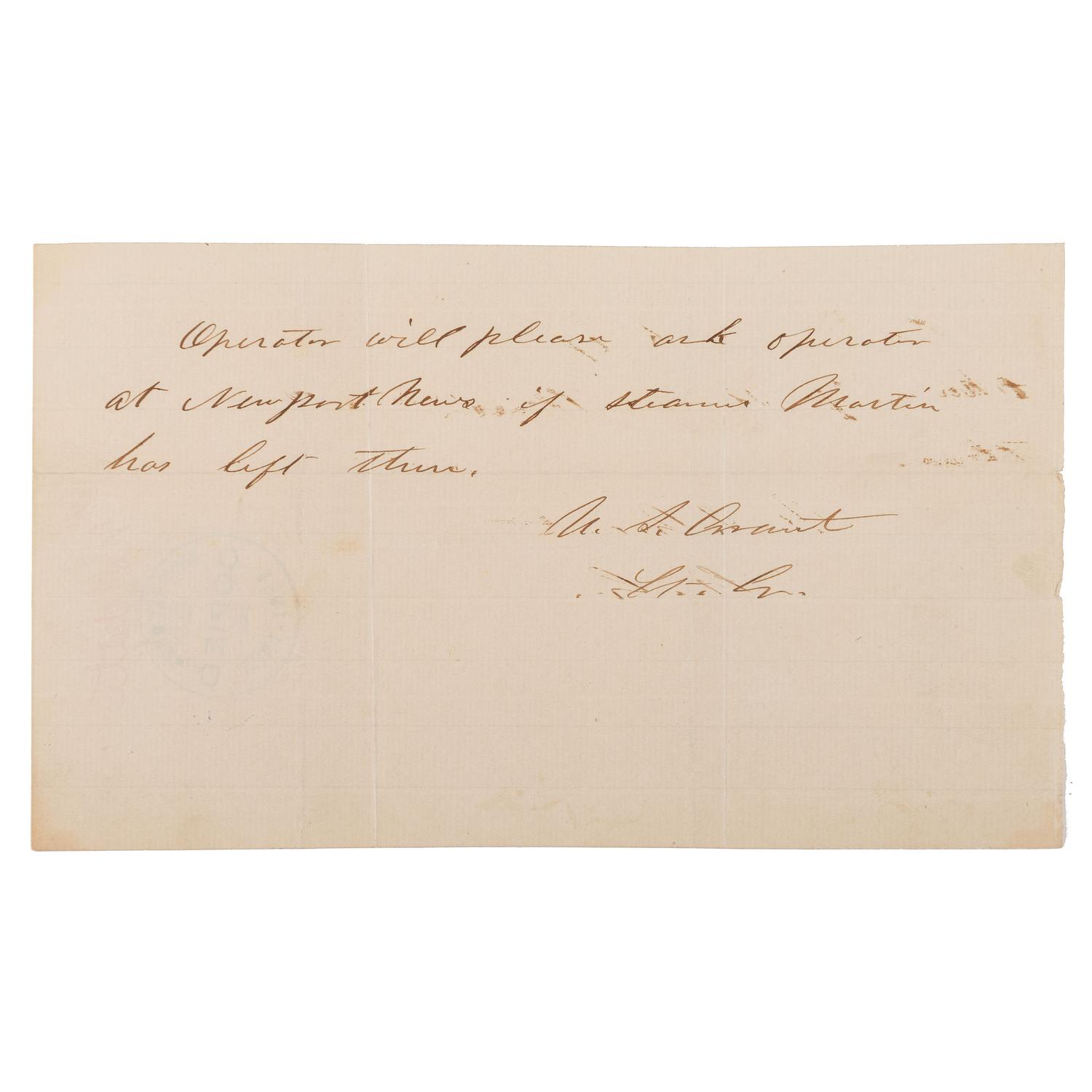 [CIVIL WAR]. GRANT, Ulysses S. (1822-1885). Autograph note signed ("U.S. Grant"). N.p., [ca 1864-1865].