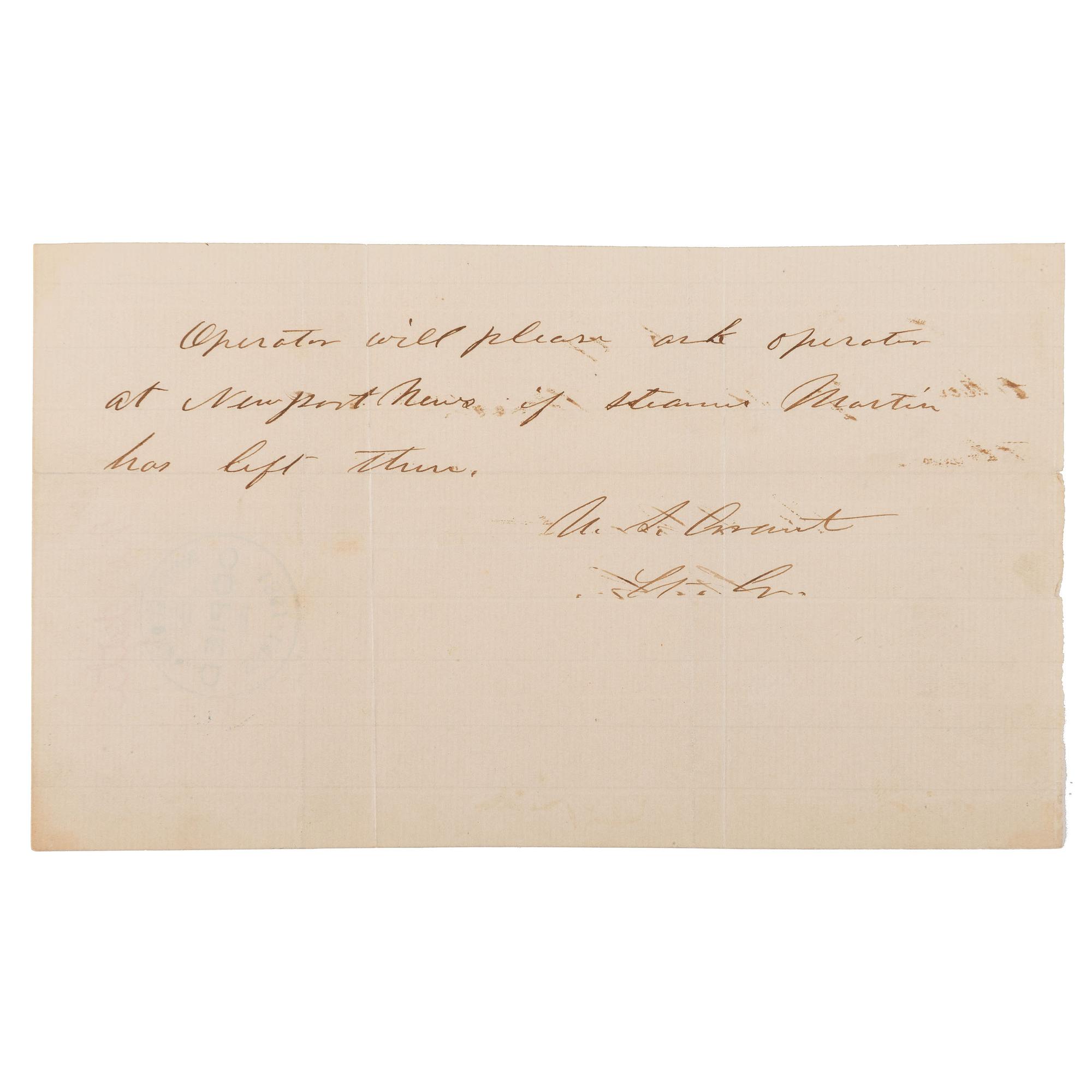 [CIVIL WAR]. GRANT, Ulysses S. (1822-1885). Autograph note signed ("U.S. Grant"). N.p., [ca 1864-1865].