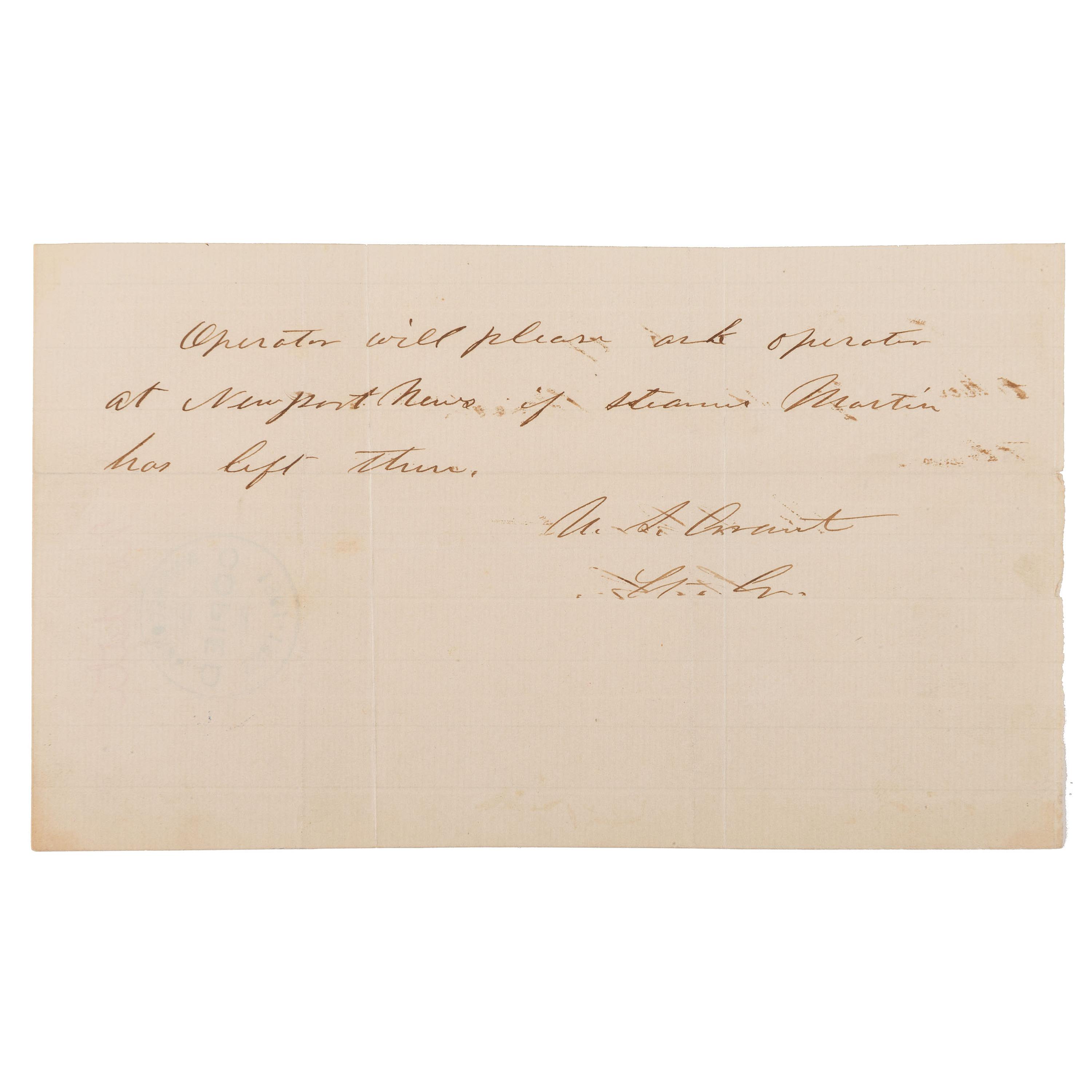 [CIVIL WAR]. GRANT, Ulysses S. (1822-1885). Autograph note signed ("U.S. Grant"). N.p., [ca 1864-1865].
