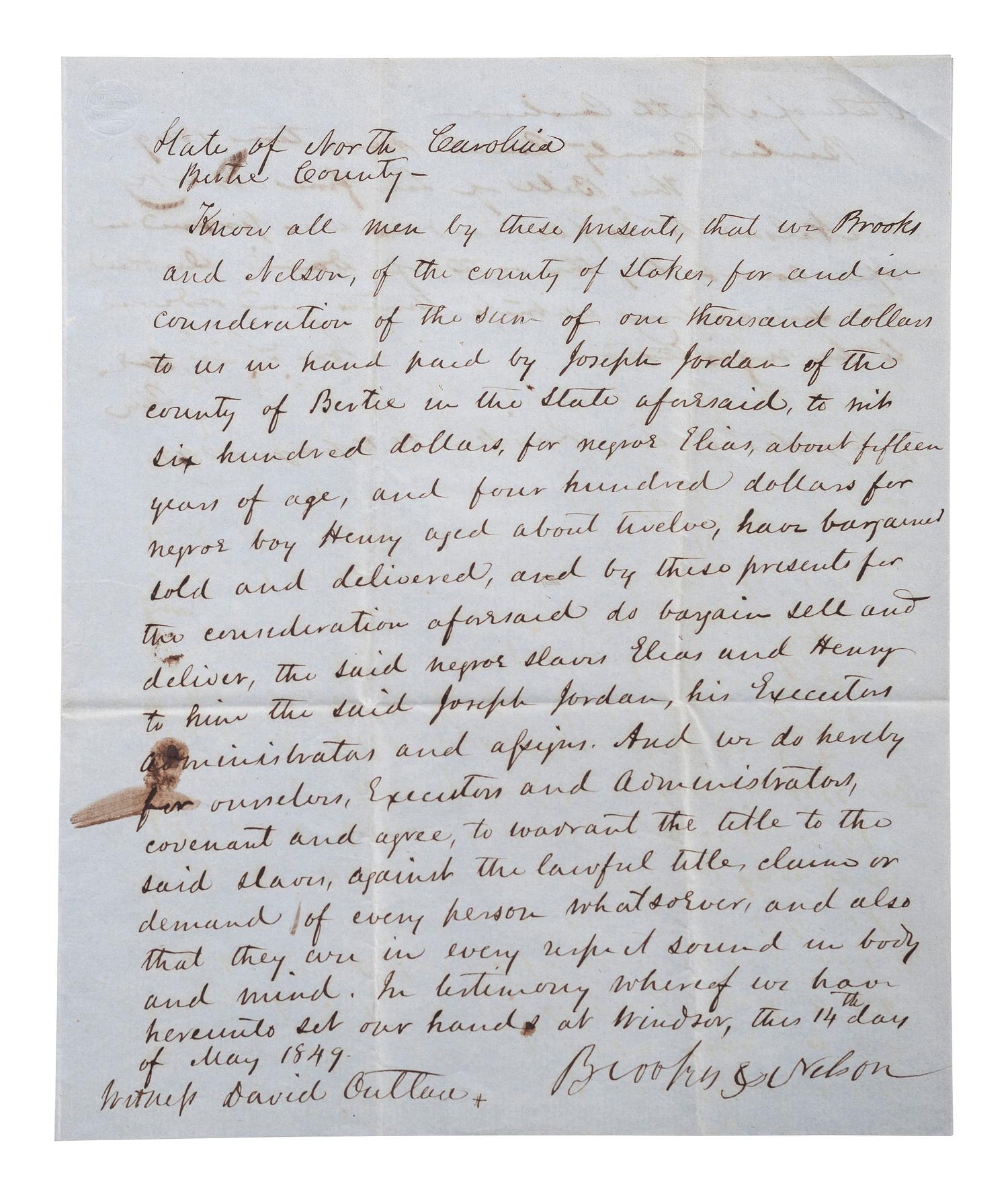[SLAVERY & ABOLITION]. Manuscript bill of sale for enslaved African Americans "Elias" and "Henry," ages 15 and 12-years old. Bertie County, NC, 14 May 1849.