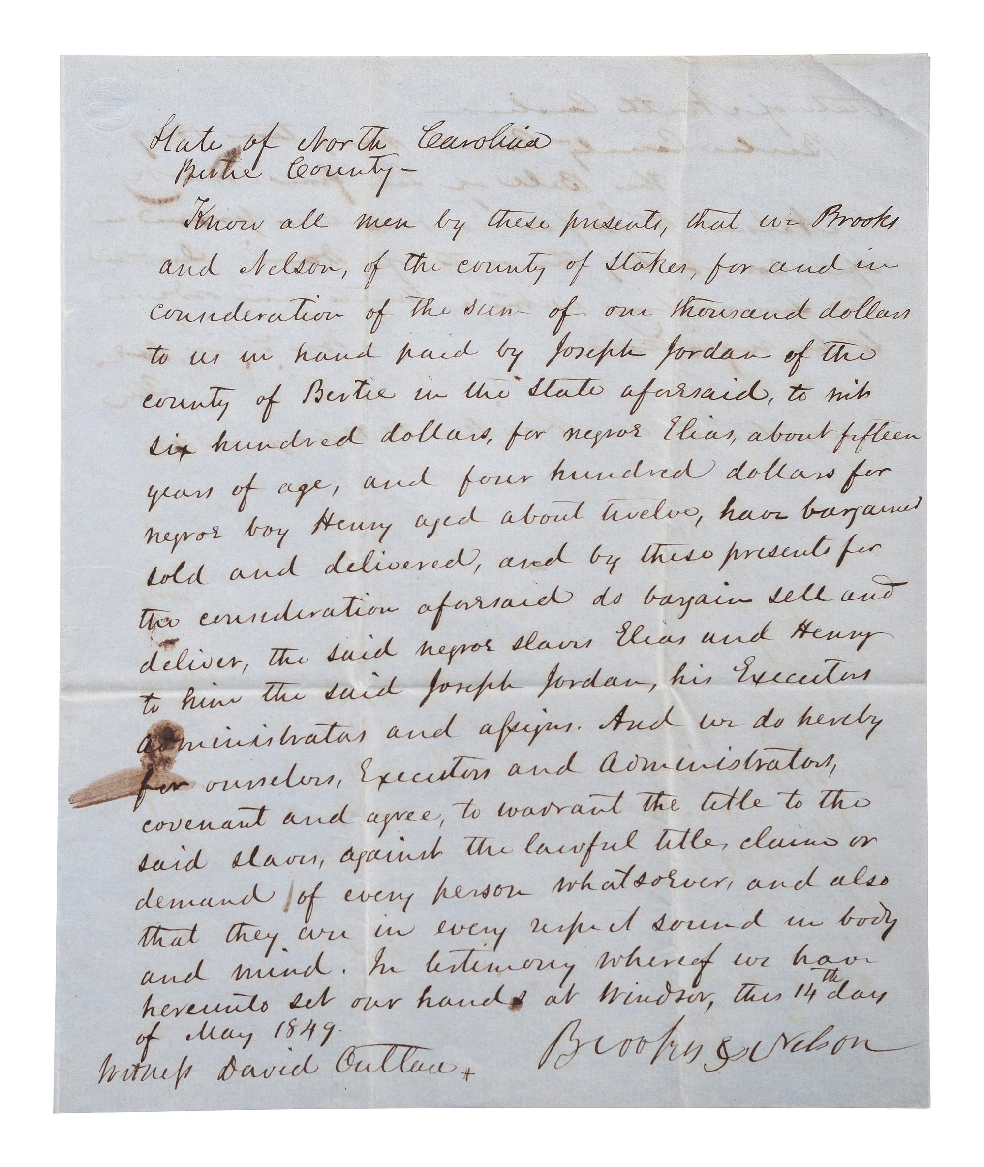[SLAVERY & ABOLITION]. Manuscript bill of sale for enslaved African Americans "Elias" and "Henry," ages 15 and 12-years old. Bertie County, NC, 14 May 1849.