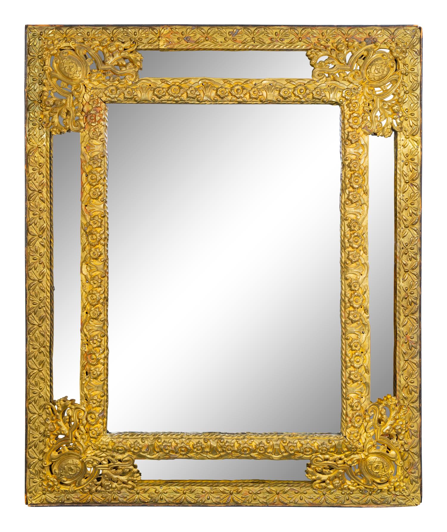 A Dutch Baroque Style Brass Repousse Mirror