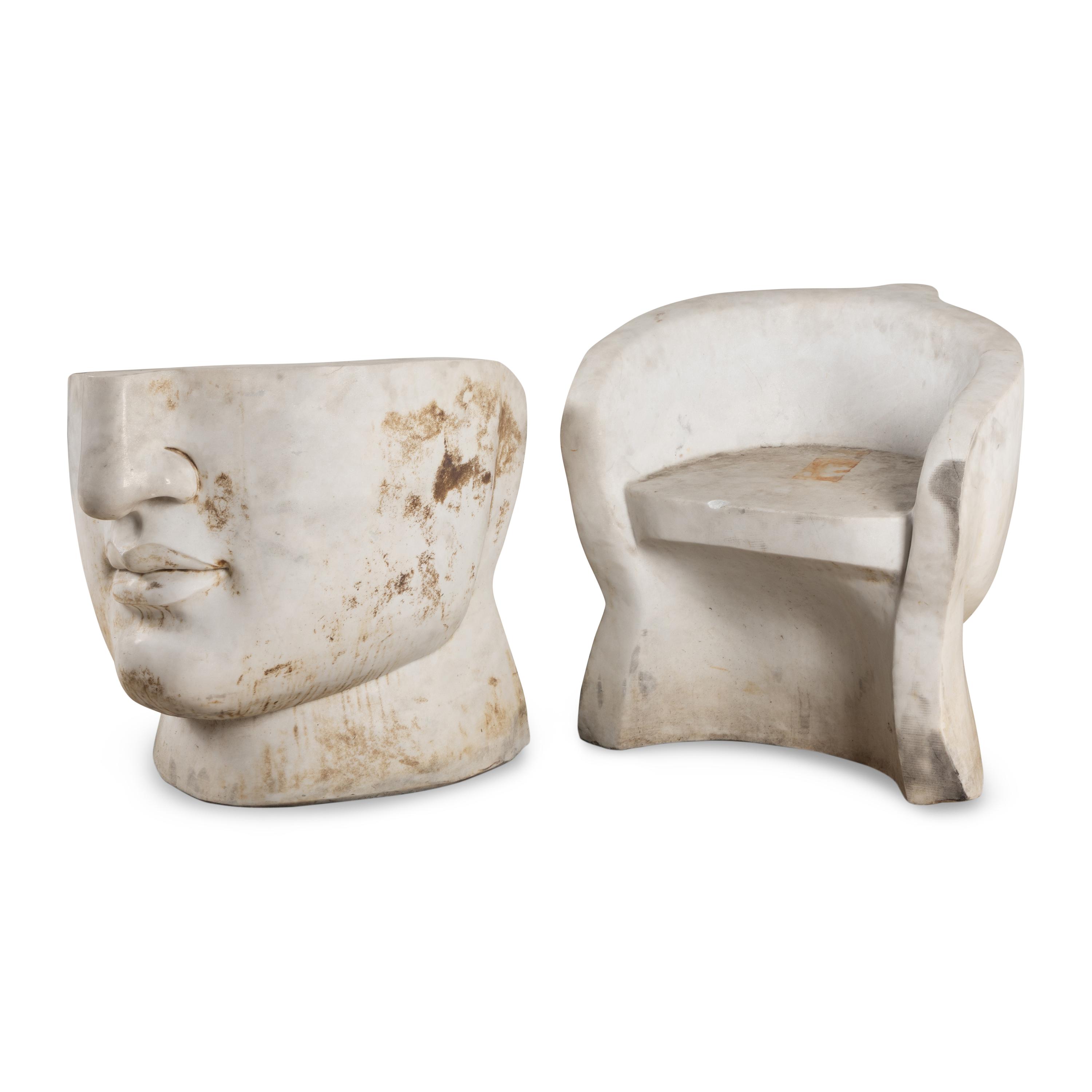 A Pair of Italian Carved Marble Face-Form Chairs