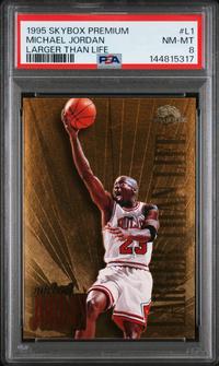 A 1995 Skybox Premium Michael Jordan Larger Than Life Basketball Card No. L1 (PSA 8 NM-MT)