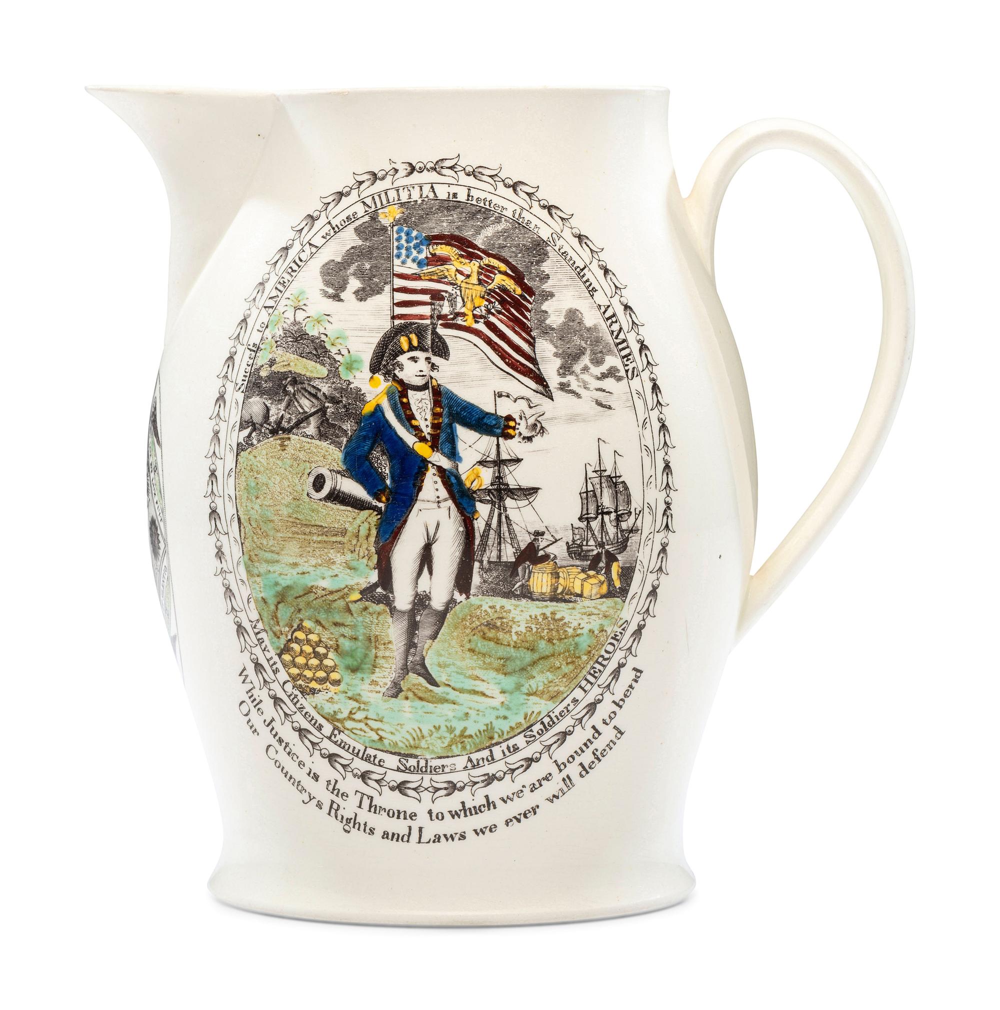 A Liverpool Transfer-Printed Creamware 'Proscribed Patriots / Success to America' Pitcher with Polychrome Embellishment