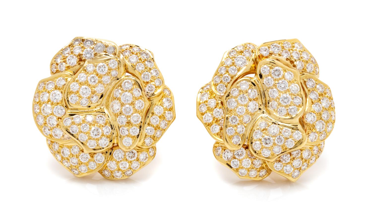 A Pair of 18 Karat Yellow Gold and Diamond Flower Earclips, 17.90 dwts.
