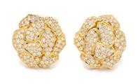 A Pair of 18 Karat Yellow Gold and Diamond Flower Earclips, 17.90 dwts.