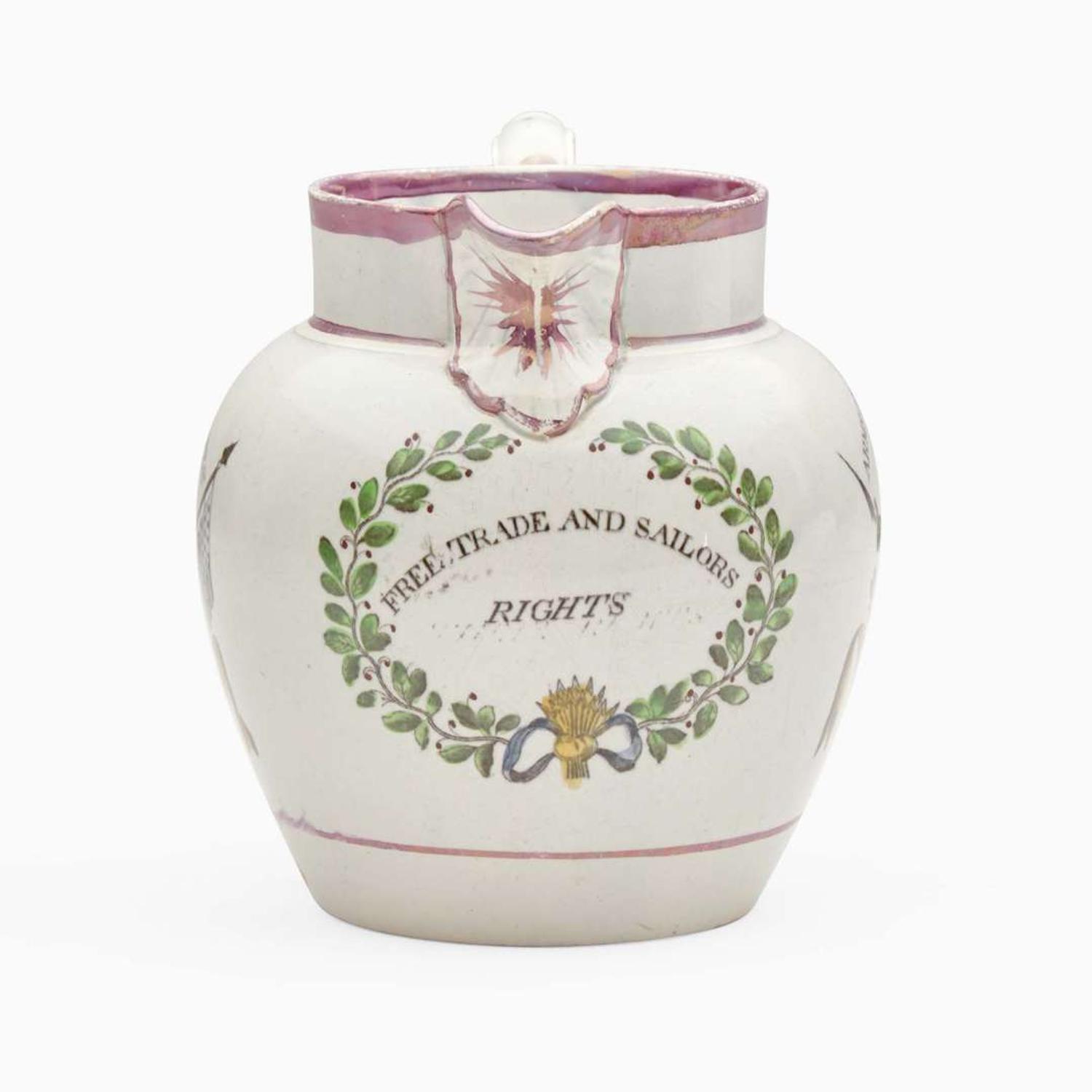 A small Staffordshire enamel and transfer-decorated pearlware jug England, early 19th century