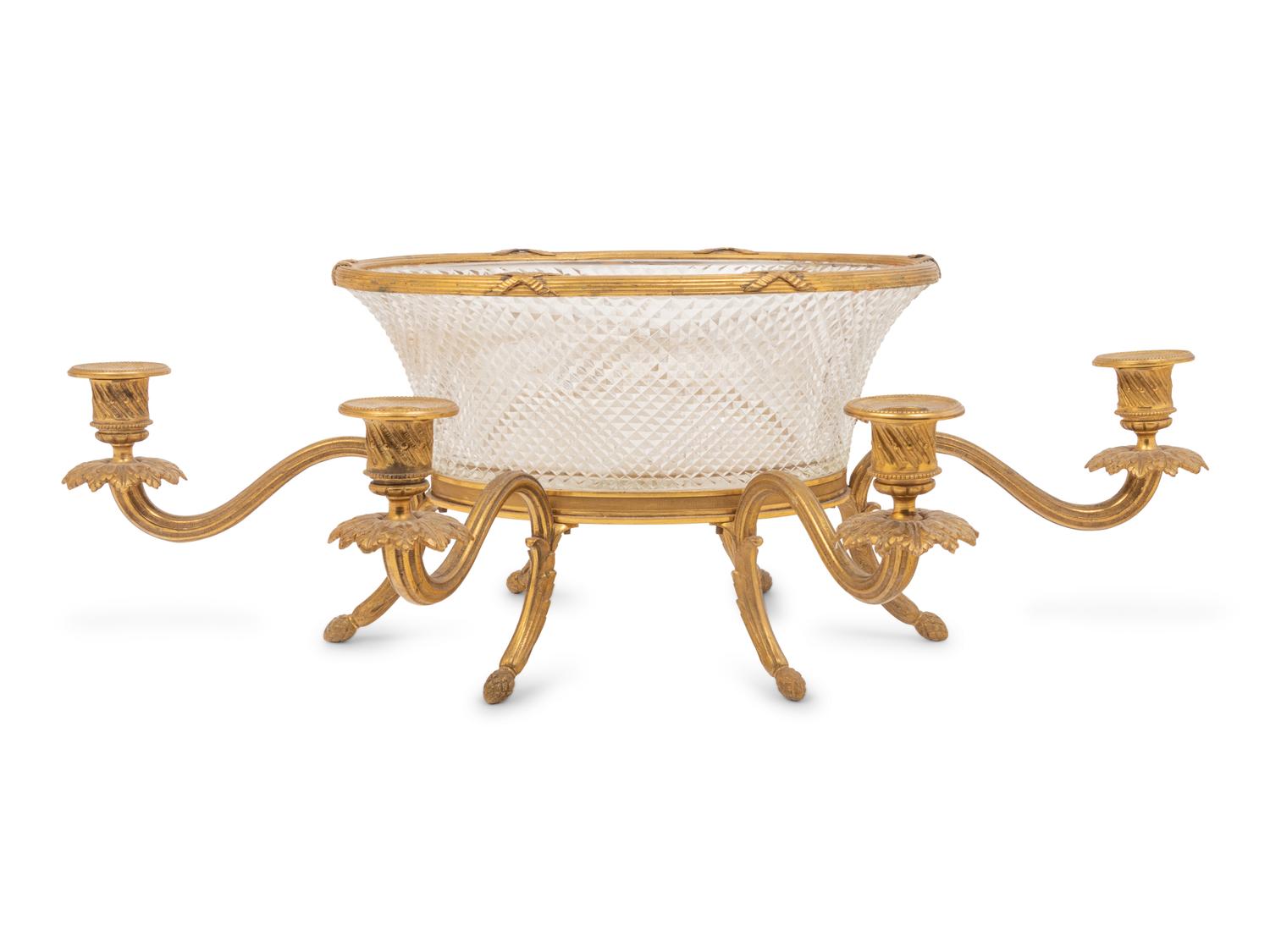 A Louis XVI Style Gilt Bronze and Cut Glass Six-Light Centerpiece Bowl