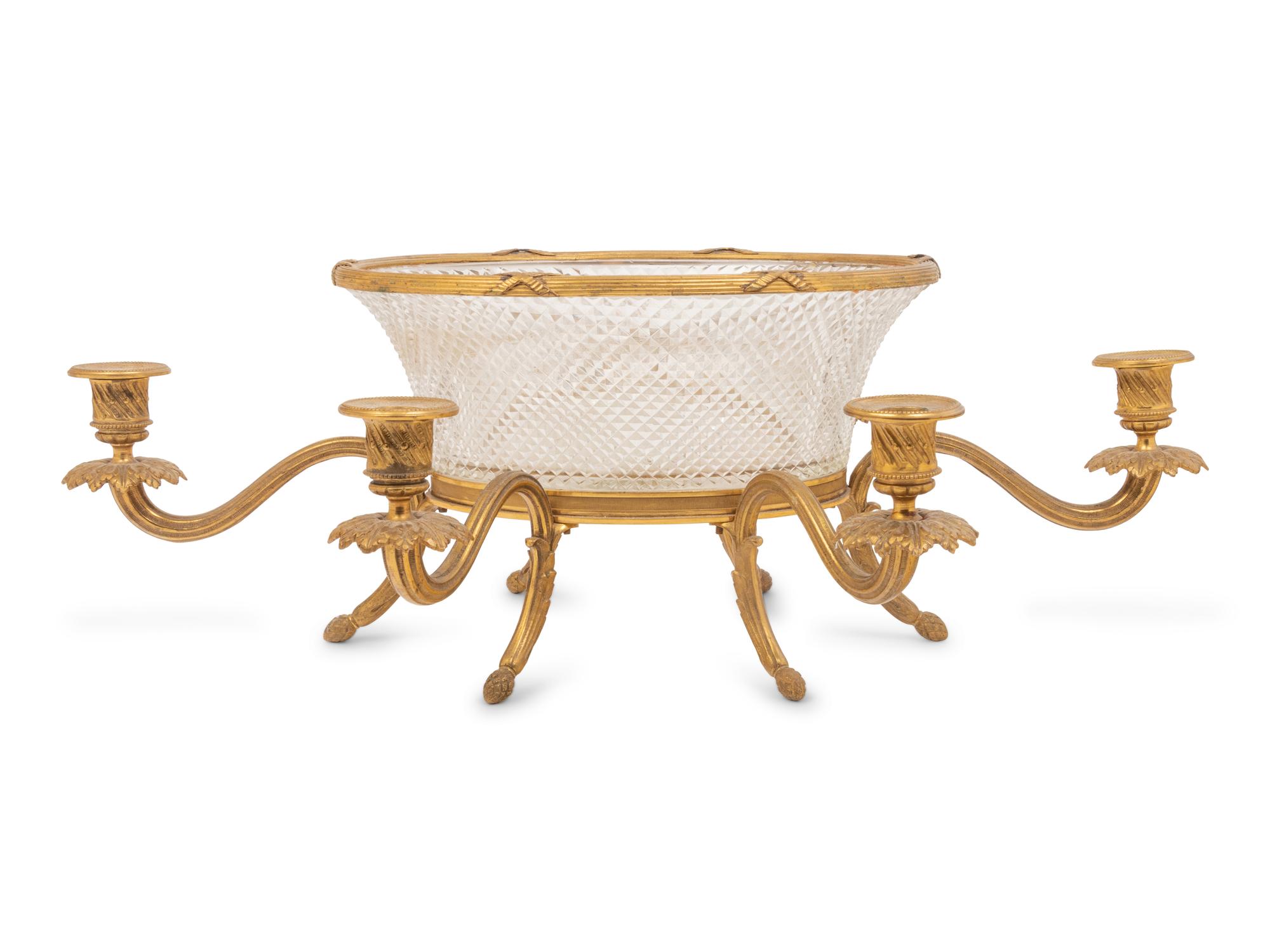 A Louis XVI Style Gilt Bronze and Cut Glass Six-Light Centerpiece Bowl
