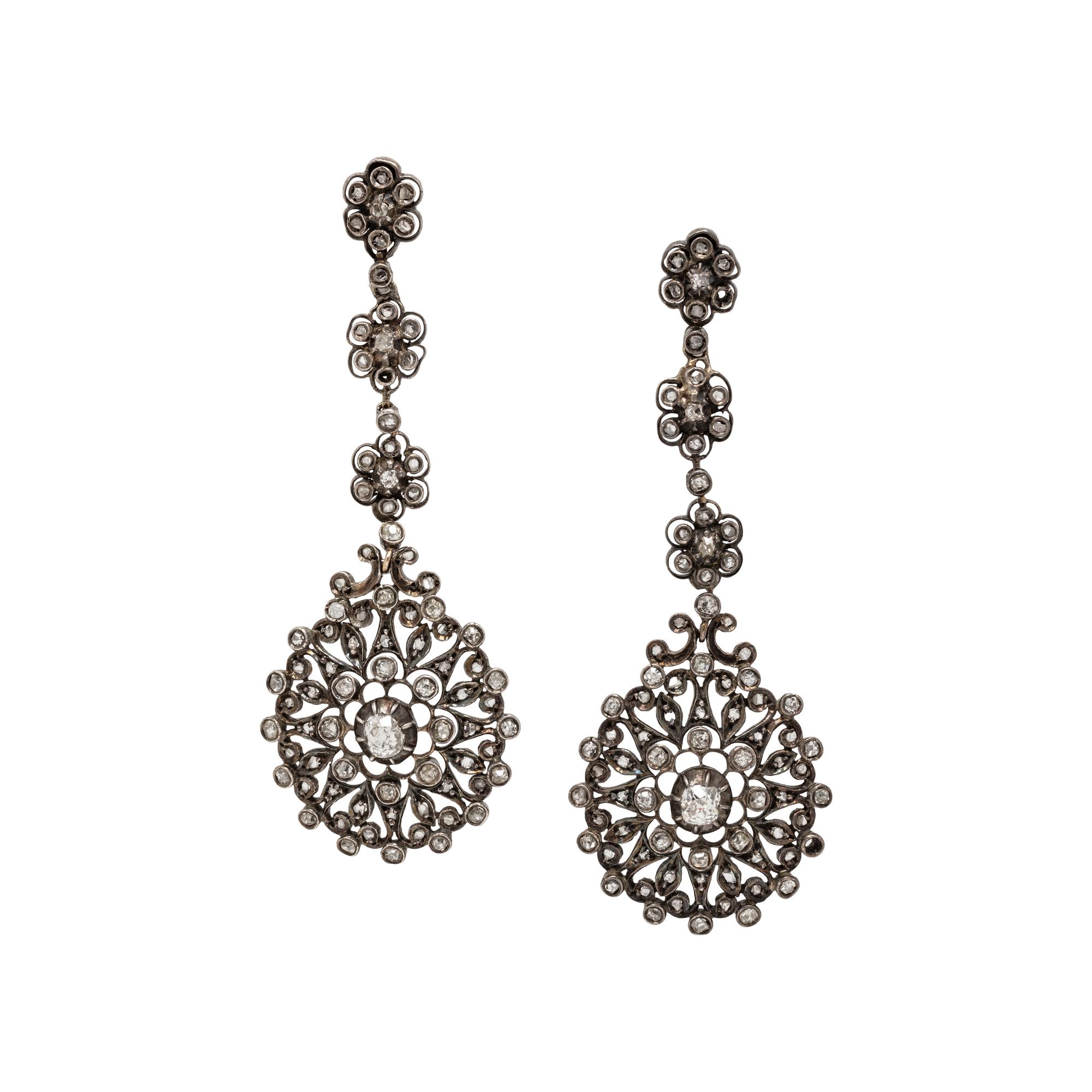 ANTIQUE, SILVER-TOPPED GOLD AND DIAMOND EARRINGS