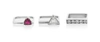 A Set of Platinum, Diamond and Ruby Stacking Rings, 11.60 dwts.