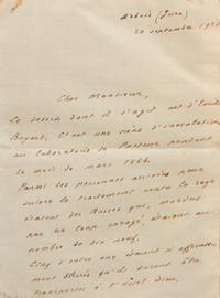 PASTEUR, Louis (1822-1895). Autograph letter signed ("L. Pasteur"), in French, to an unnamed recipient. Paris, 14 May 1886.