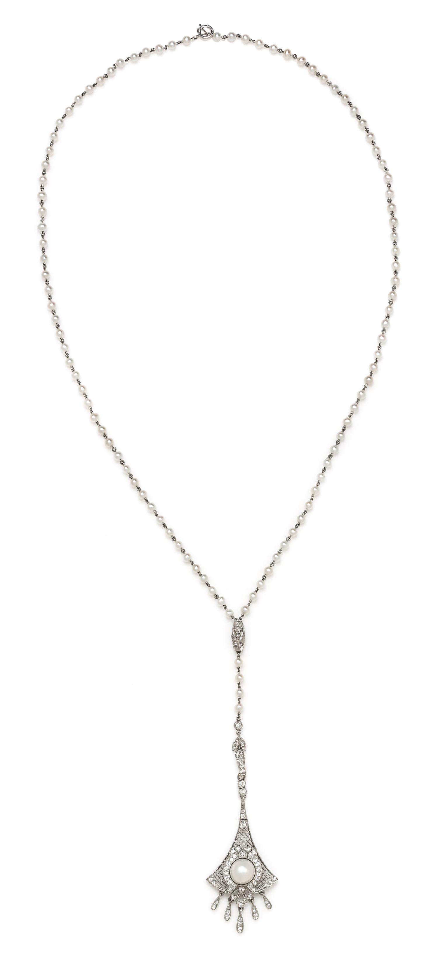 An Edwardian Platinum, Natural Pearl and Diamond Pendant, Black Starr & Frost, 9.20 dwts.