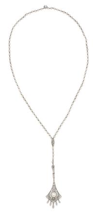 An Edwardian Platinum, Natural Pearl and Diamond Pendant, Black Starr & Frost, 9.20 dwts.