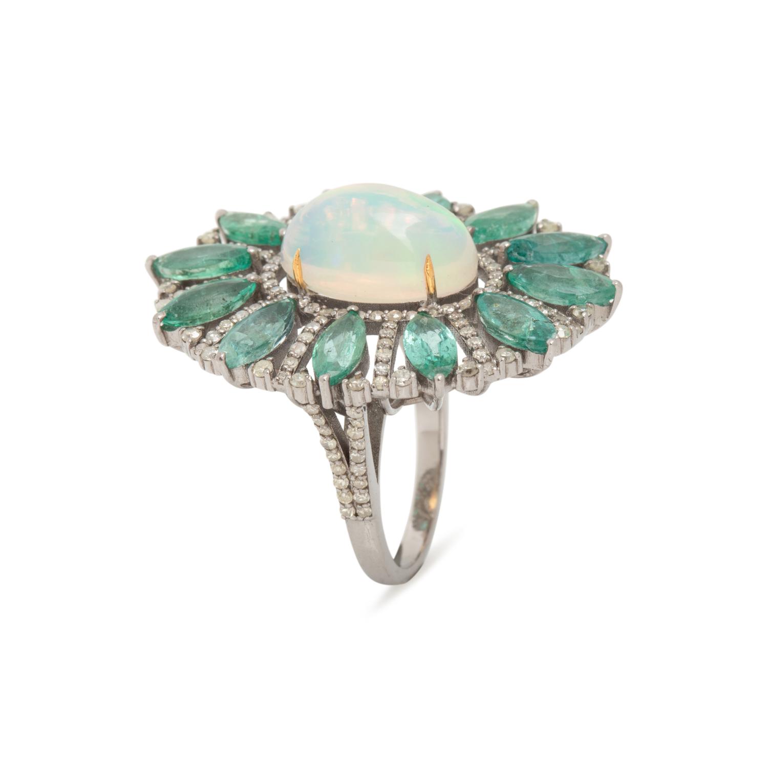 OPAL, EMERALD AND DIAMOND RING