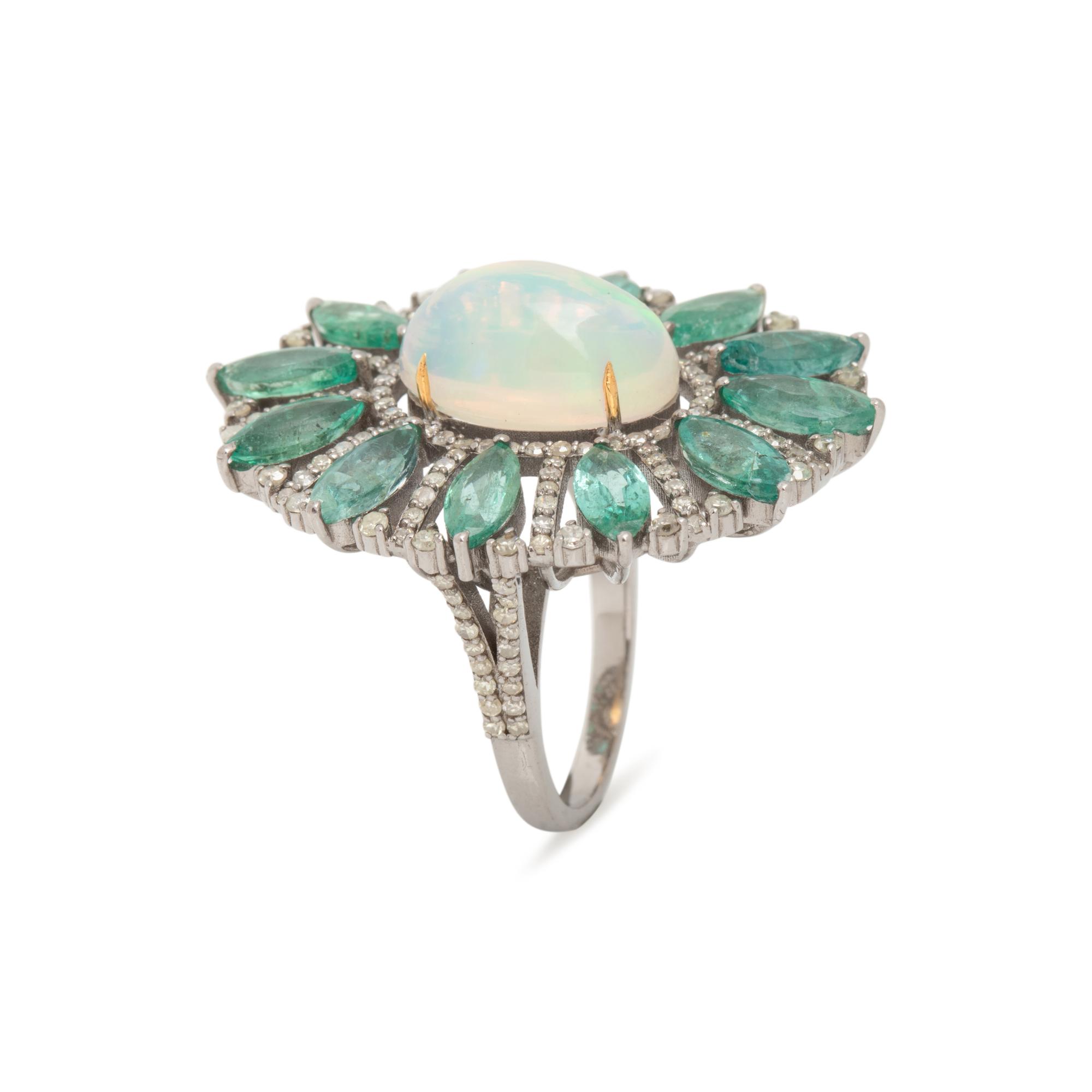 OPAL, EMERALD AND DIAMOND RING