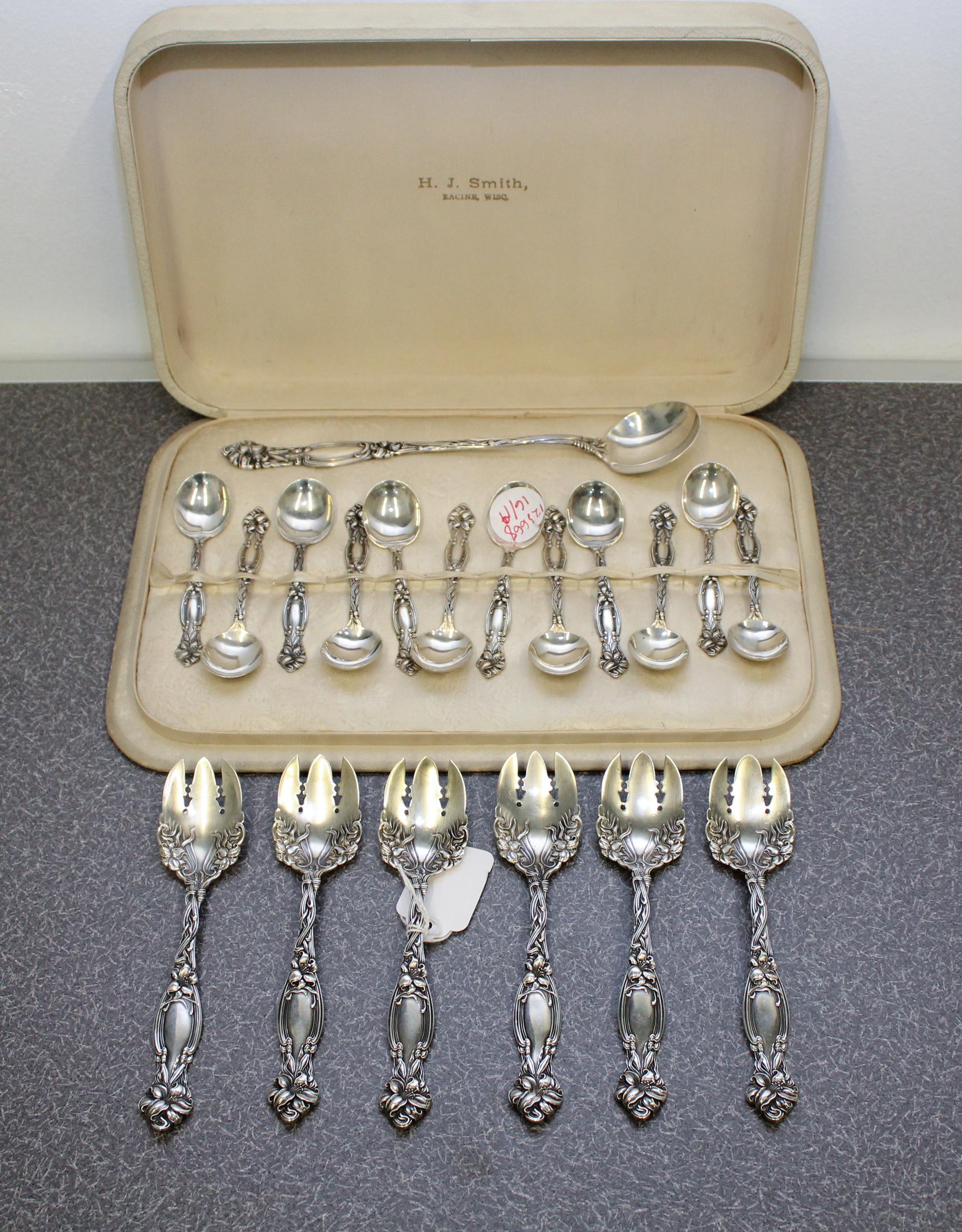 An American Silver Dessert Service, International Silver Co., Wallingford, CT, Frontenac pattern, comprising 12 chocolate spoons, 6 ice