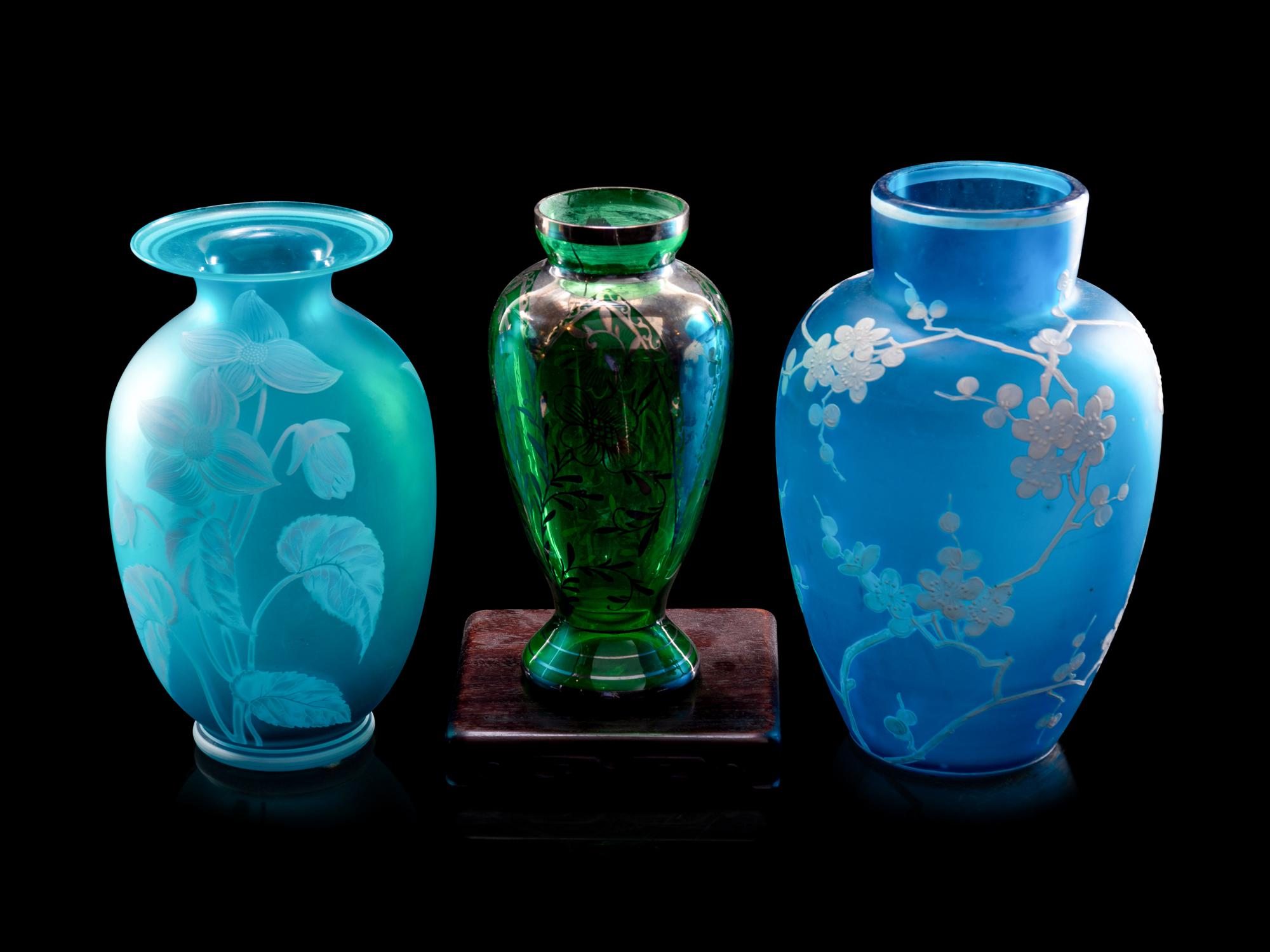 Two Simulated Cameo Glass Vases and a Silver Overlay Glass Vase