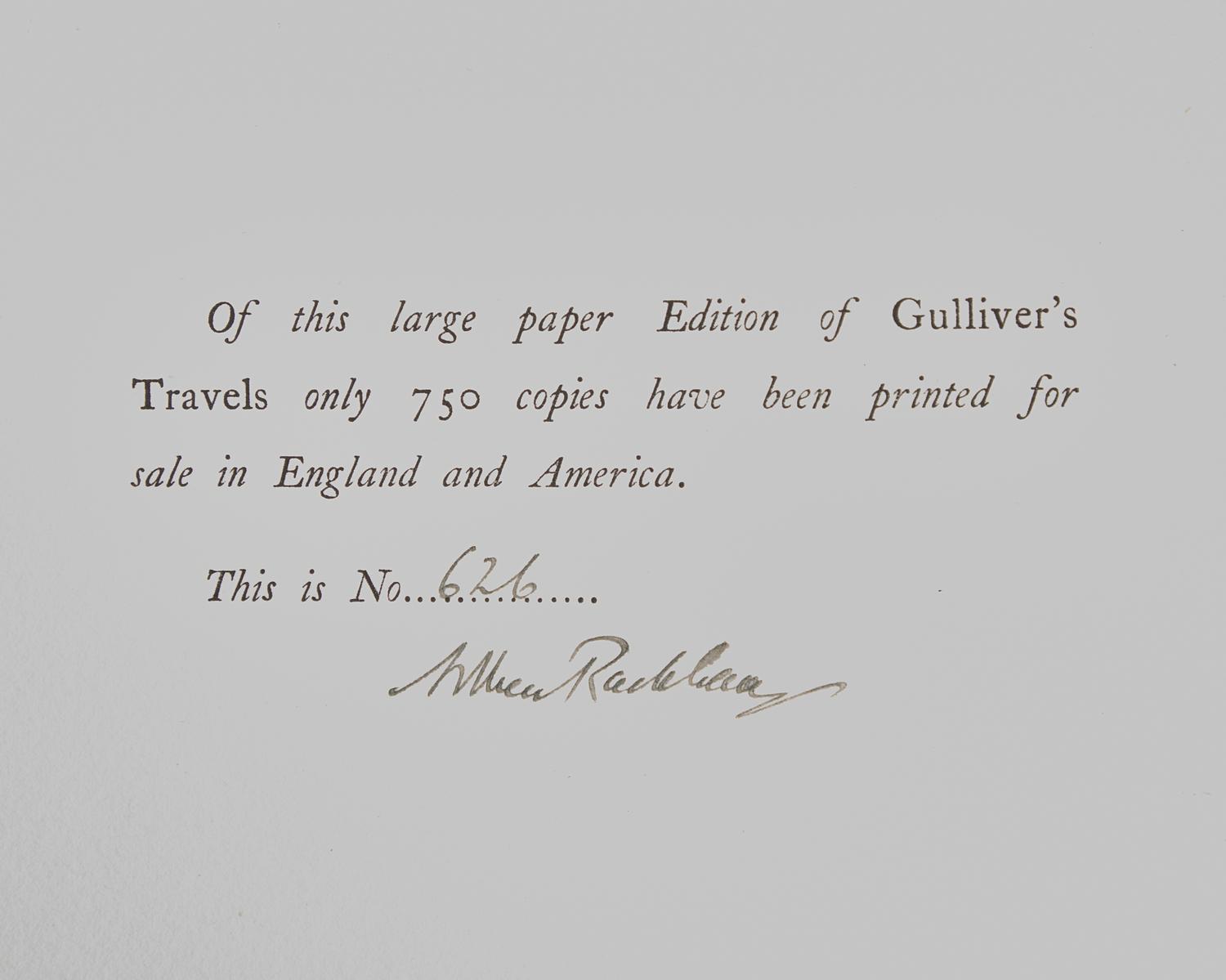 [CHILDREN'S BOOKS] [RACKHAM, Arthur, illustrated]. -- SWIFT, Jonathan. Gulliver's Travels Into Several Remote Nations of the World. London: J.M. Dent & Co./New York: E.P. Dutton & Co., 1909.