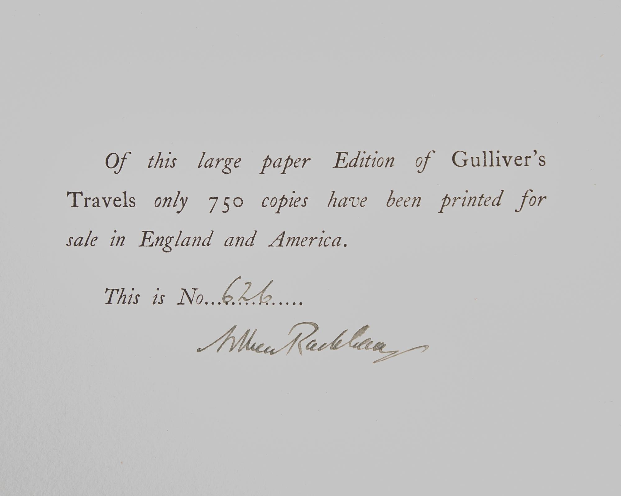 [CHILDREN'S BOOKS] [RACKHAM, Arthur, illustrated]. -- SWIFT, Jonathan. Gulliver's Travels Into Several Remote Nations of the World. London: J.M. Dent & Co./New York: E.P. Dutton & Co., 1909.
