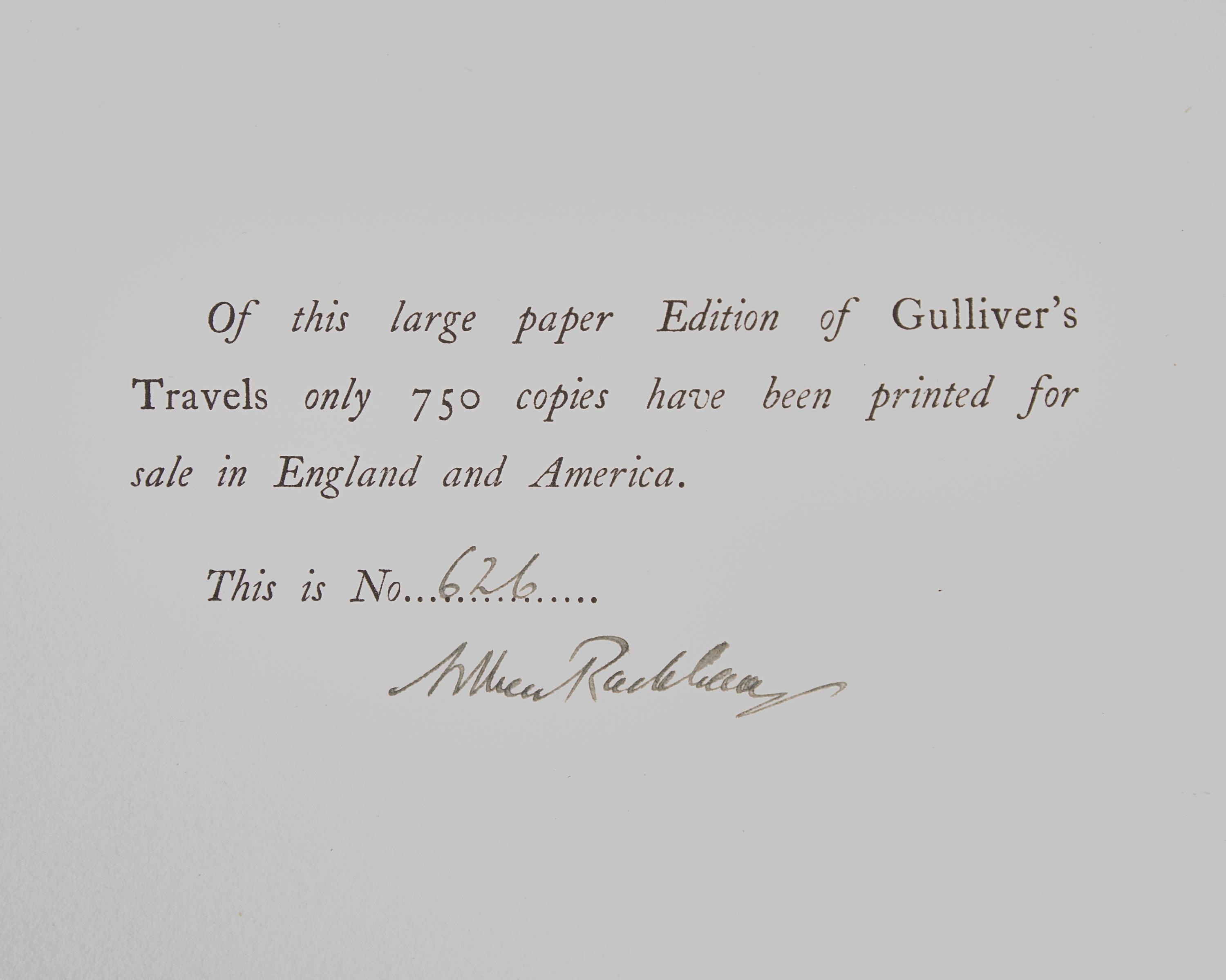 [CHILDREN'S BOOKS] [RACKHAM, Arthur, illustrated]. -- SWIFT, Jonathan. Gulliver's Travels Into Several Remote Nations of the World. London: J.M. Dent & Co./New York: E.P. Dutton & Co., 1909.