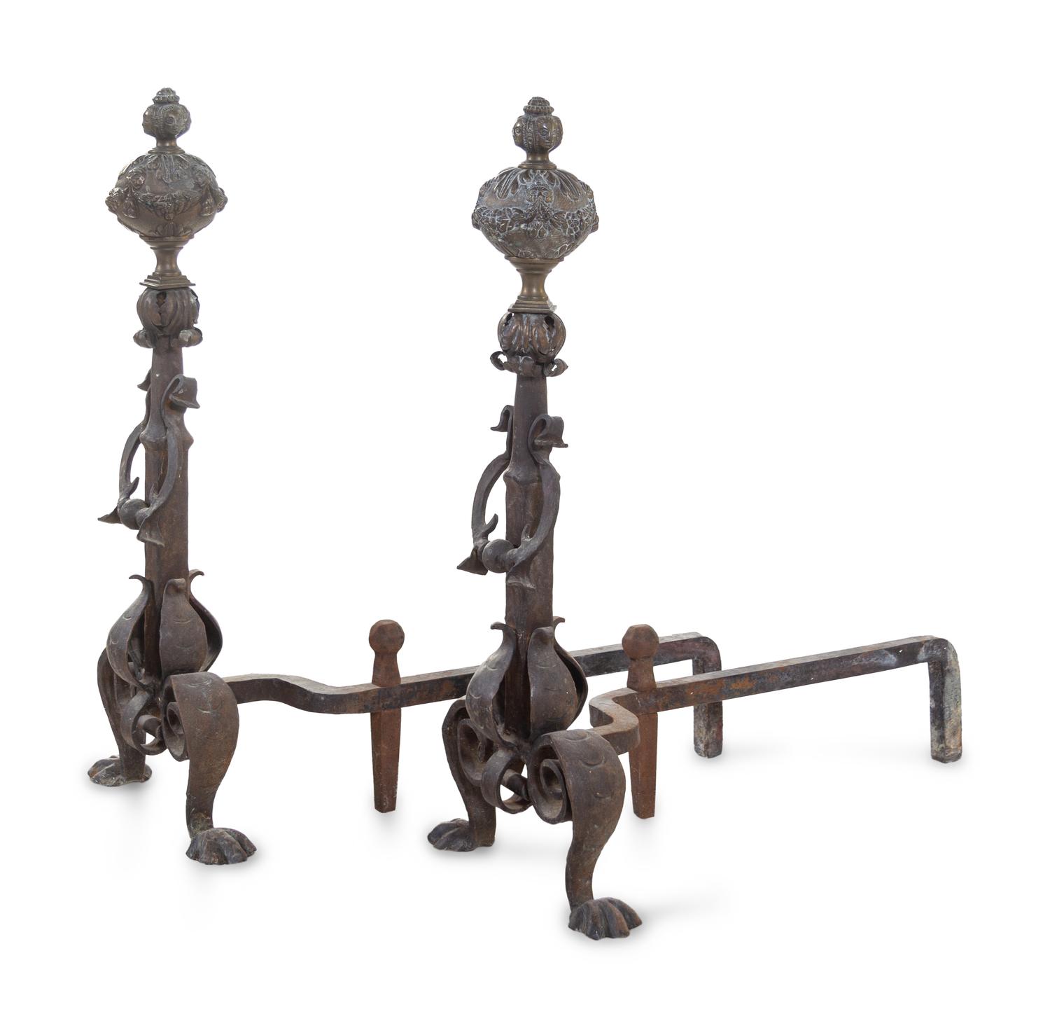A Pair of Baroque Style Brass and Iron Andirons