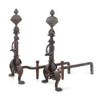 A Pair of Baroque Style Brass and Iron Andirons