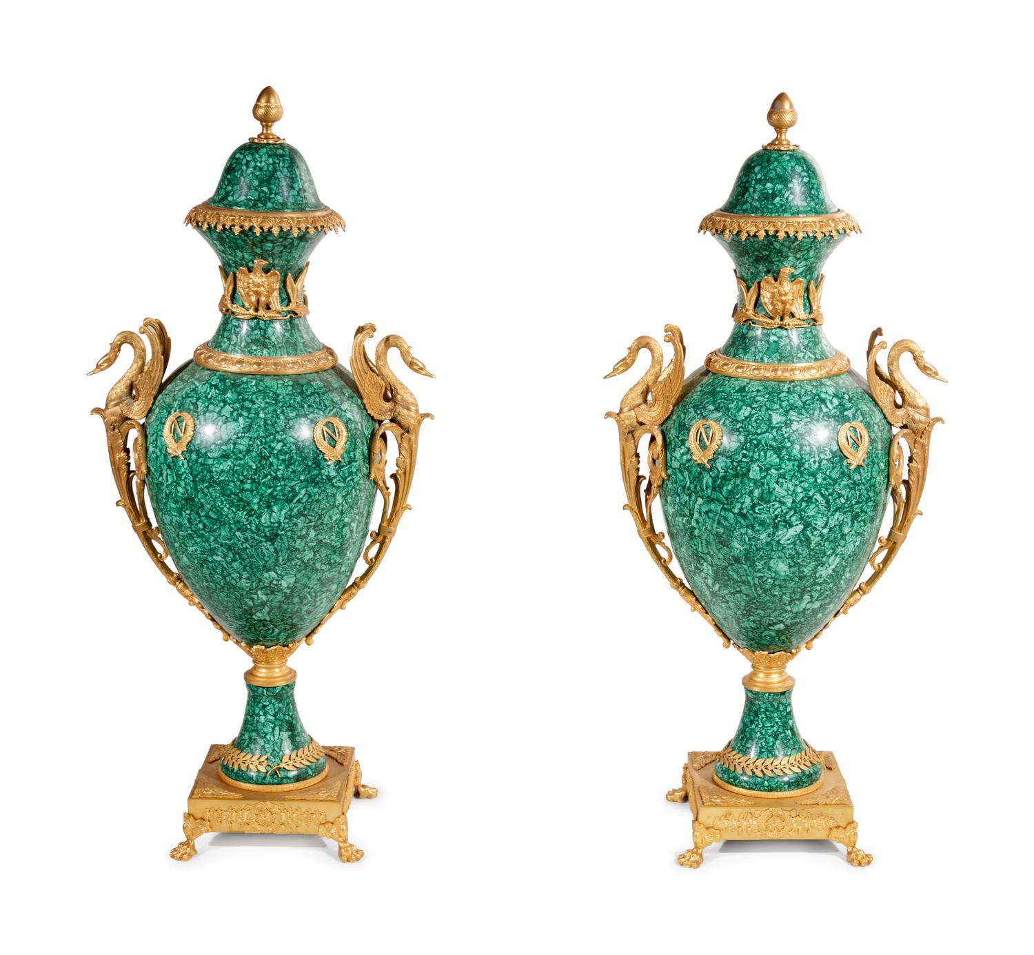 A Pair of Empire Style Gilt Bronze Mounted Malachite Veneered Urns