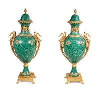 A Pair of Empire Style Gilt Bronze Mounted Malachite Veneered Urns