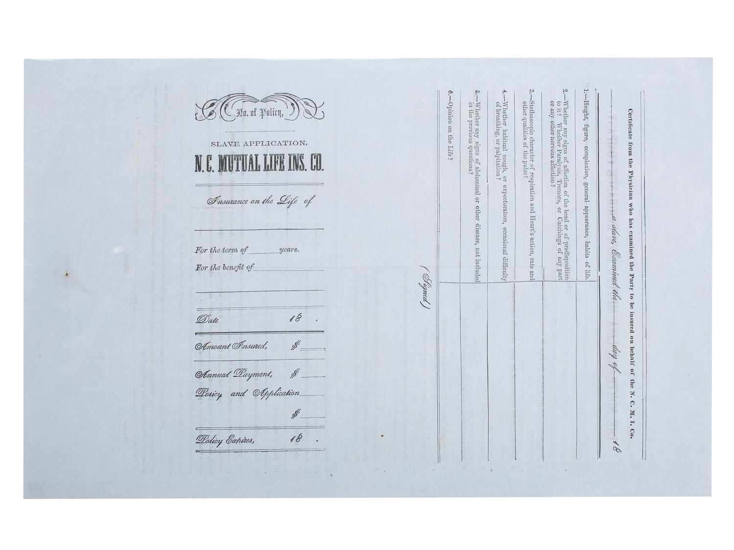 [SLAVERY & ABOLITION]. A group of 2 documents related to the enslavement of individuals in the Carolinas, including a rare North-Carolina Mutual Life Insurance Company form used to insure the life of an enslaved person.