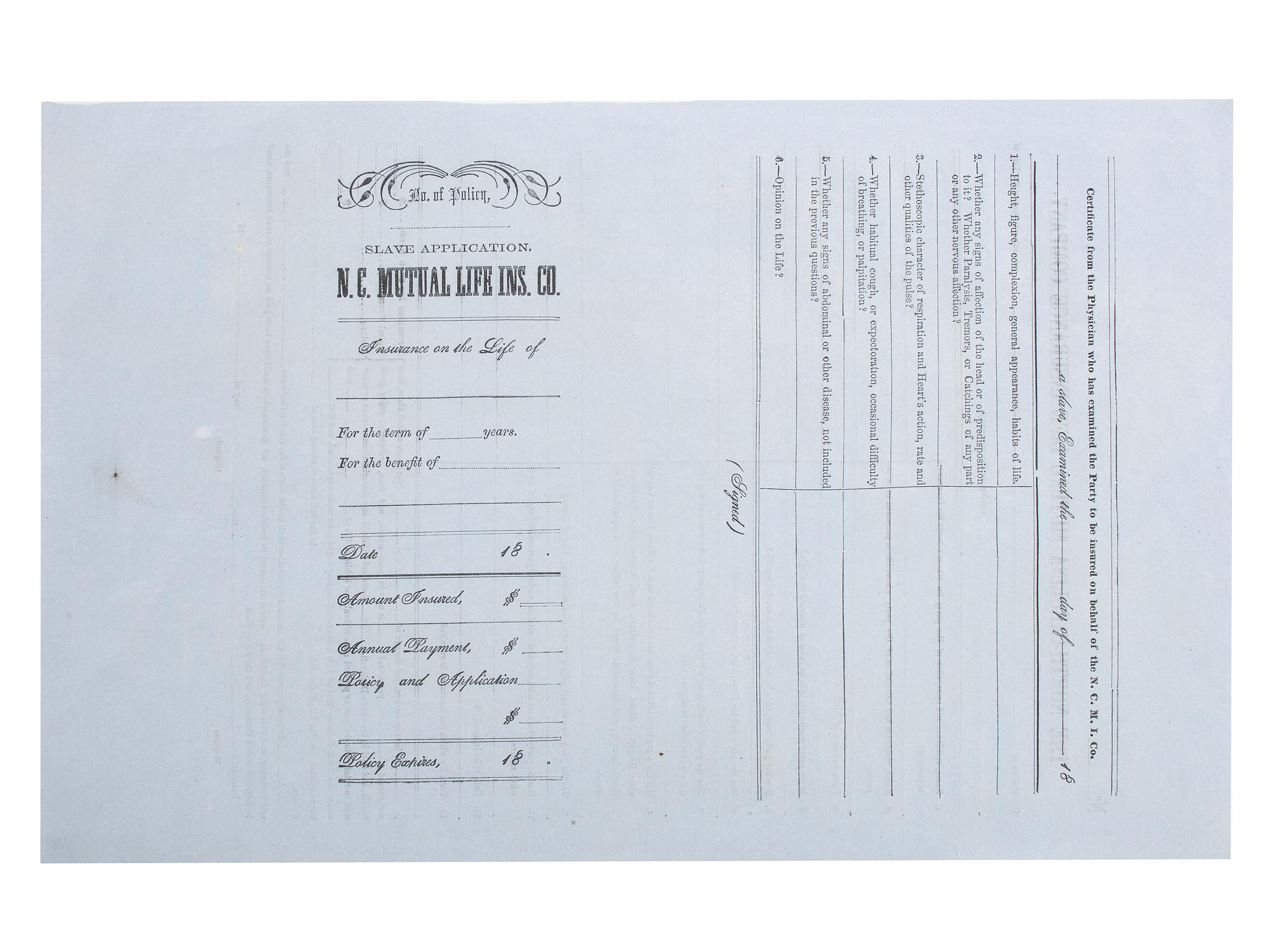 [SLAVERY & ABOLITION]. A group of 2 documents related to the enslavement of individuals in the Carolinas, including a rare North-Carolina Mutual Life Insurance Company form used to insure the life of an enslaved person.