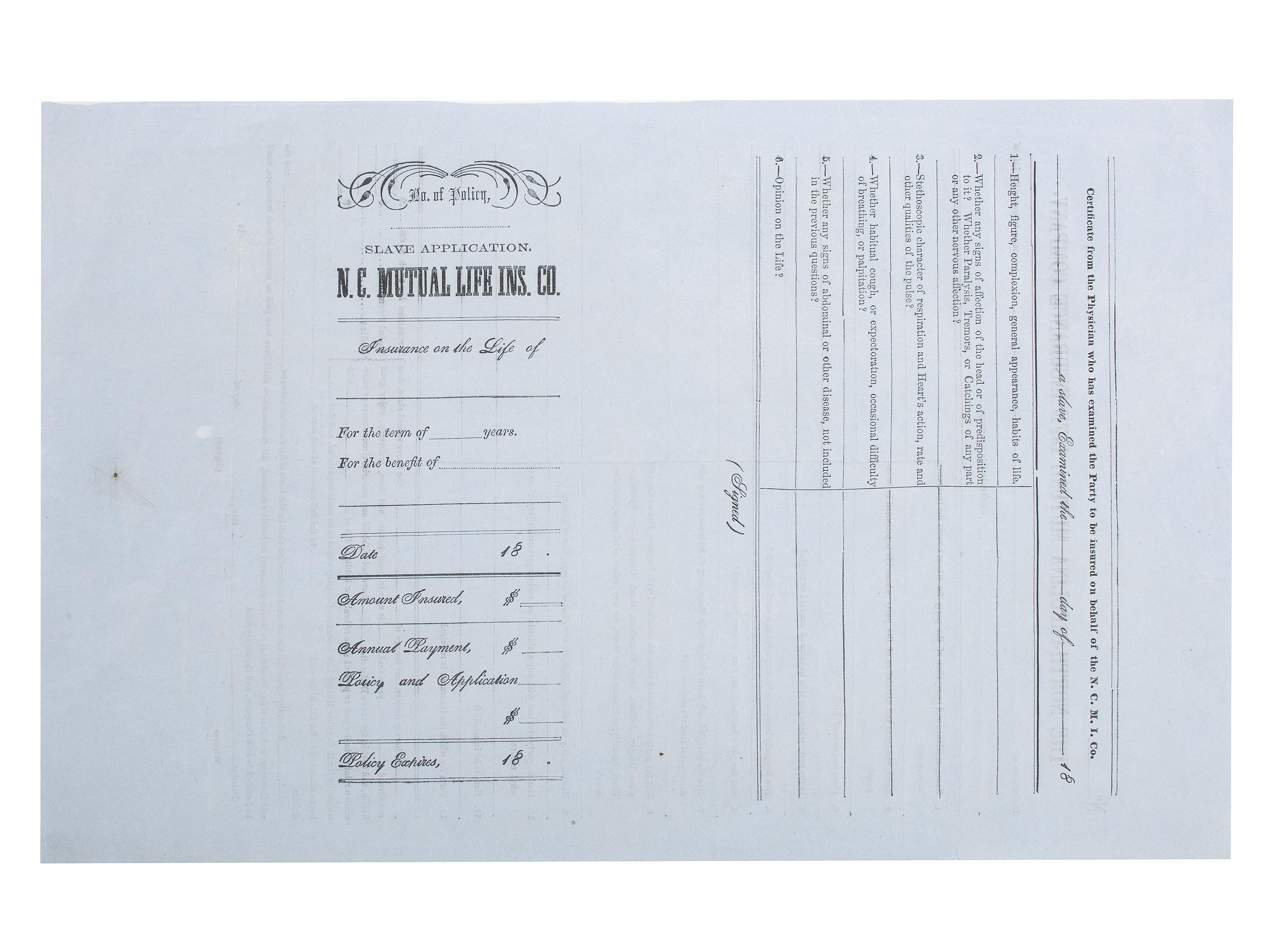 [SLAVERY & ABOLITION]. A group of 2 documents related to the enslavement of individuals in the Carolinas, including a rare North-Carolina Mutual Life Insurance Company form used to insure the life of an enslaved person.
