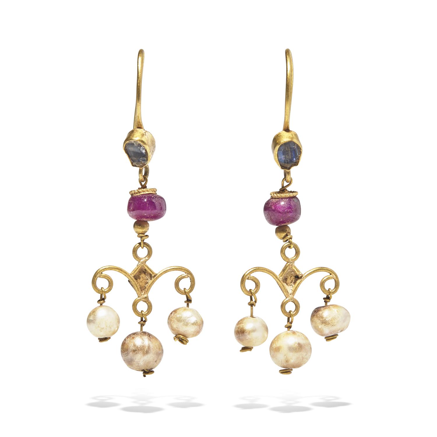 A Pair of Byzantine Gold, Pearl, and Glass Earrings