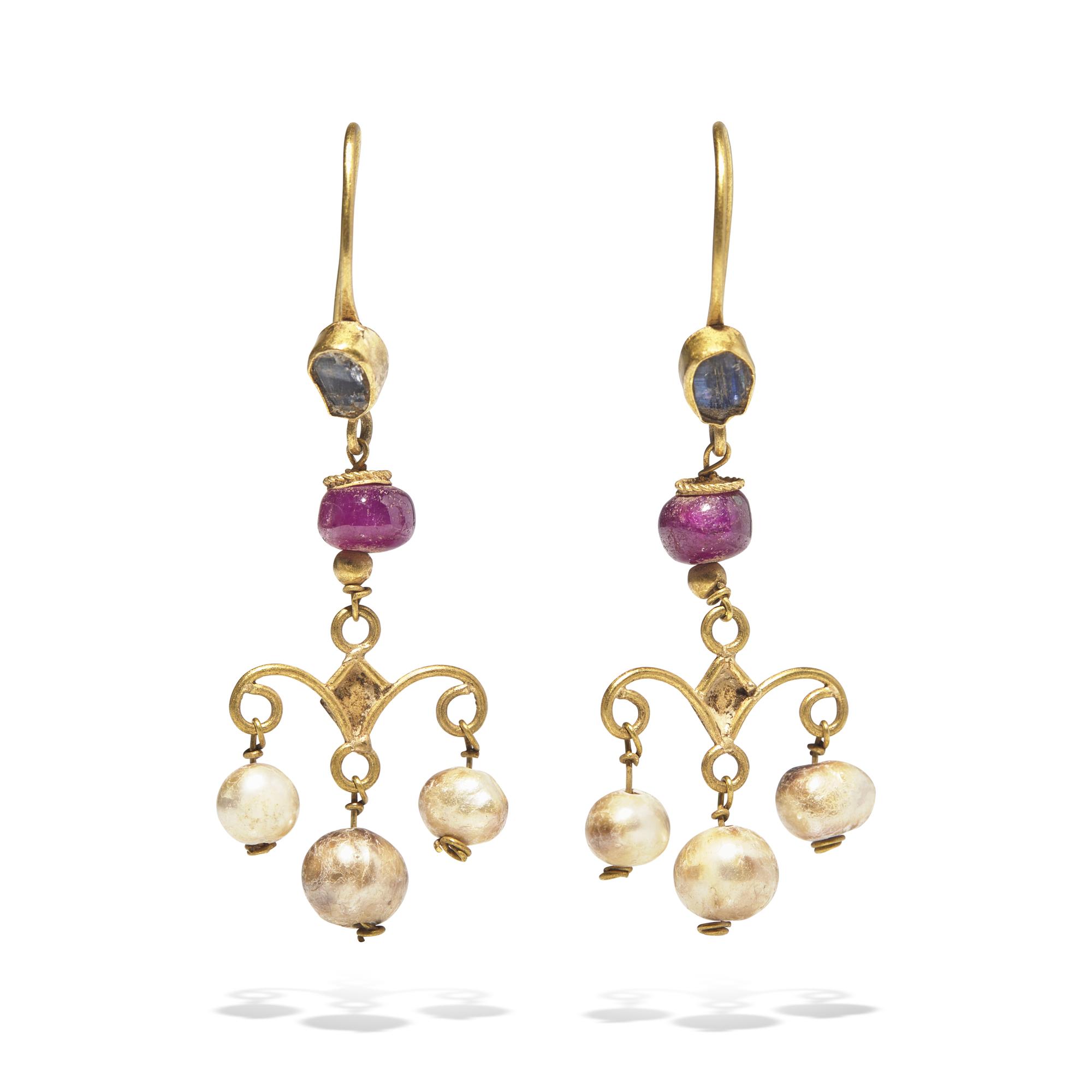 A Pair of Byzantine Gold, Pearl, and Glass Earrings