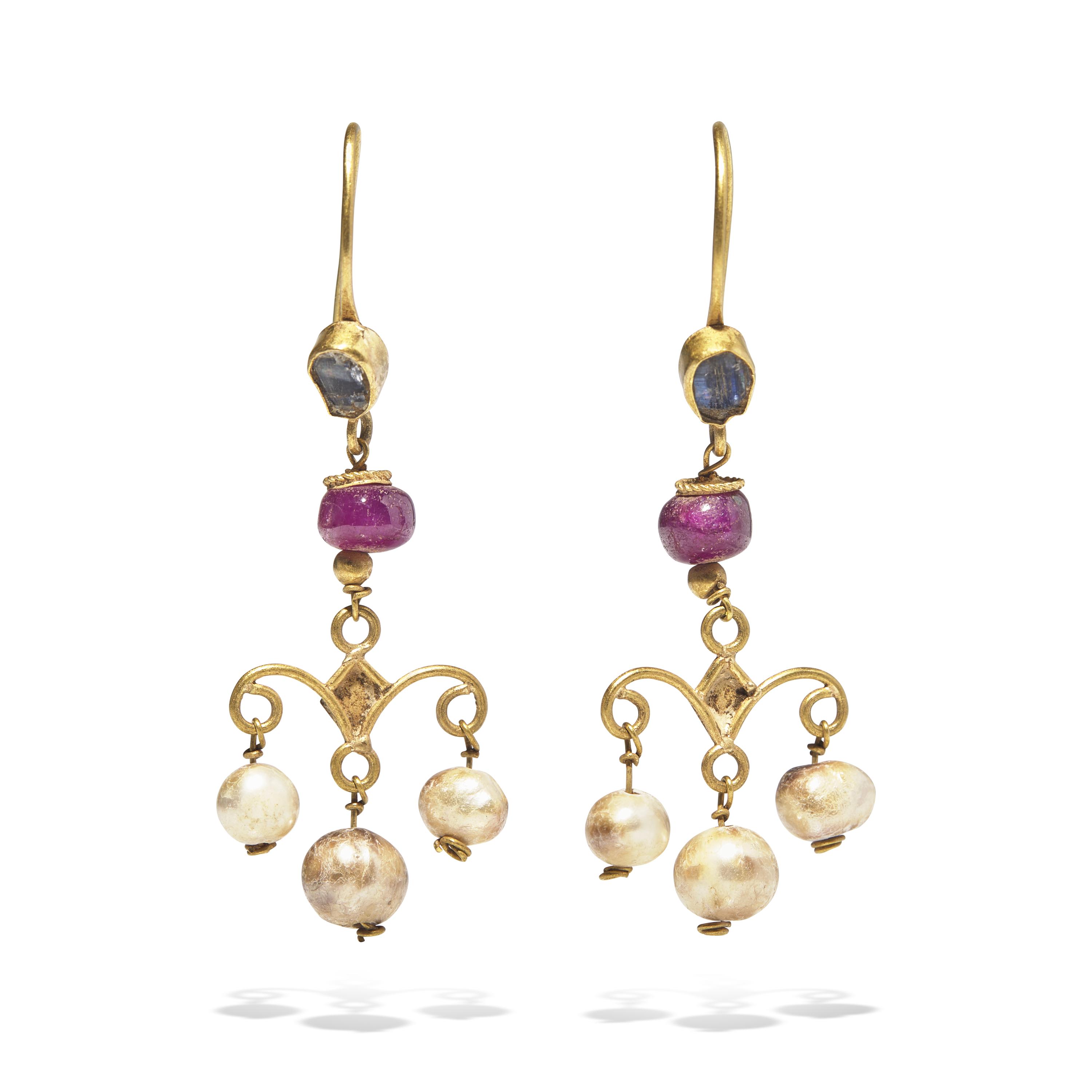 A Pair of Byzantine Gold, Pearl, and Glass Earrings