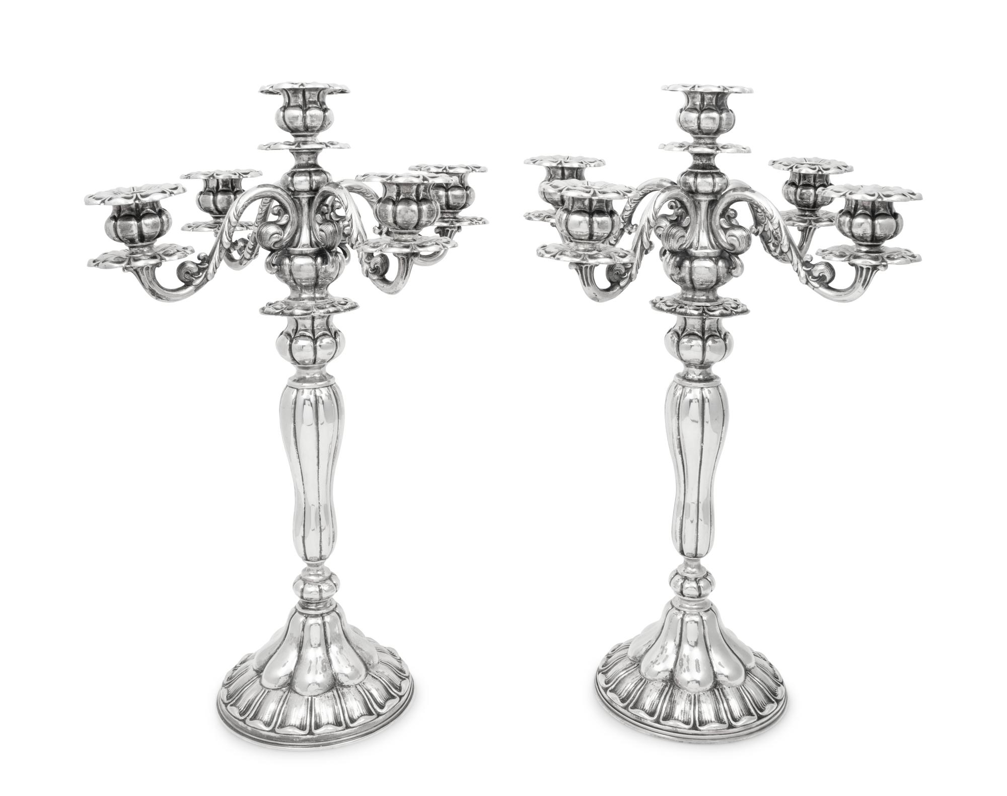 A Pair of Continental Silver Five-Light Candelabra