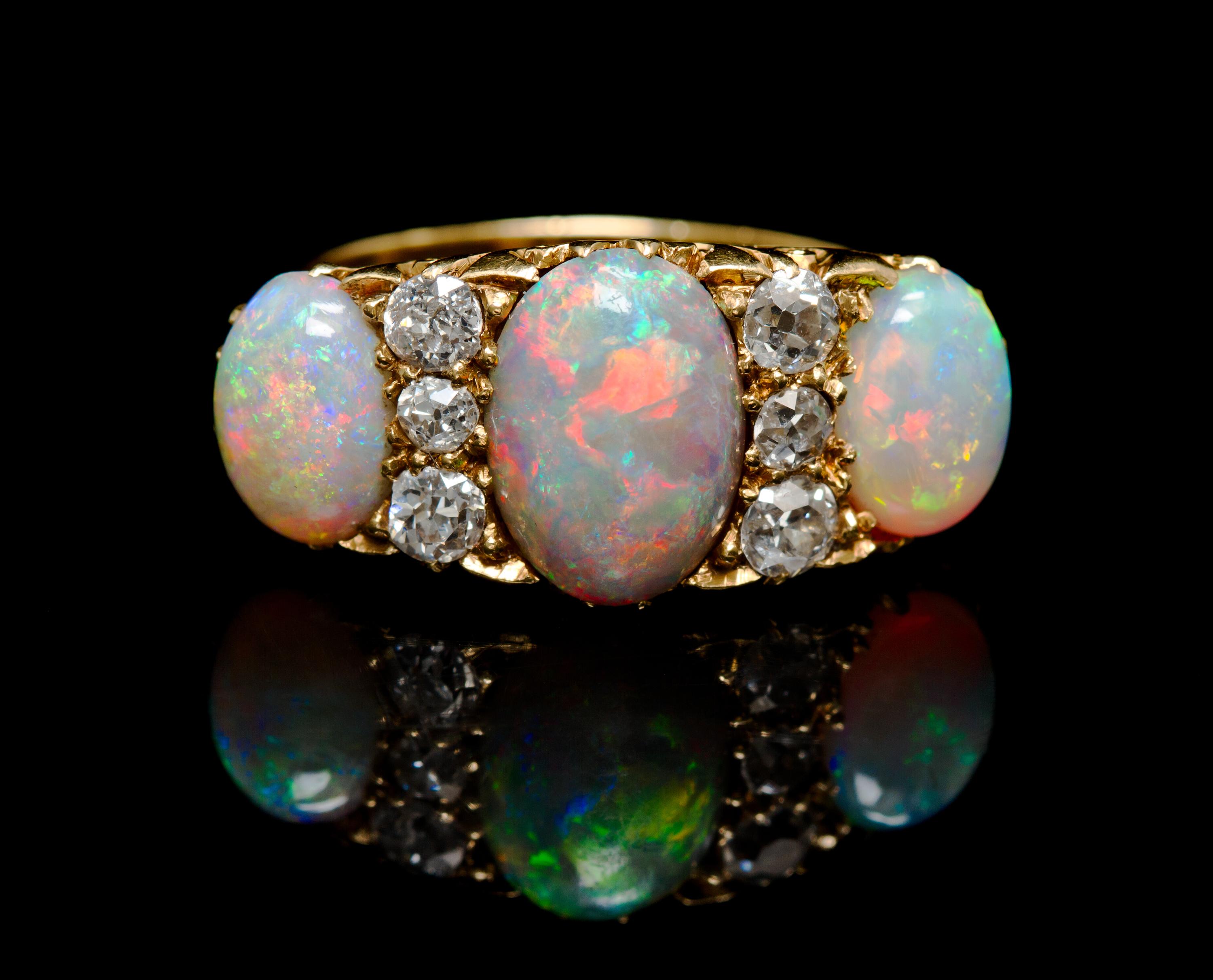 An Antique 18 Karat Yellow Gold, Opal and Diamond Ring, 4.60 dwts.