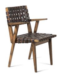 A Pair of Contemporary Wood and Leather Chairs with a Similar Stool