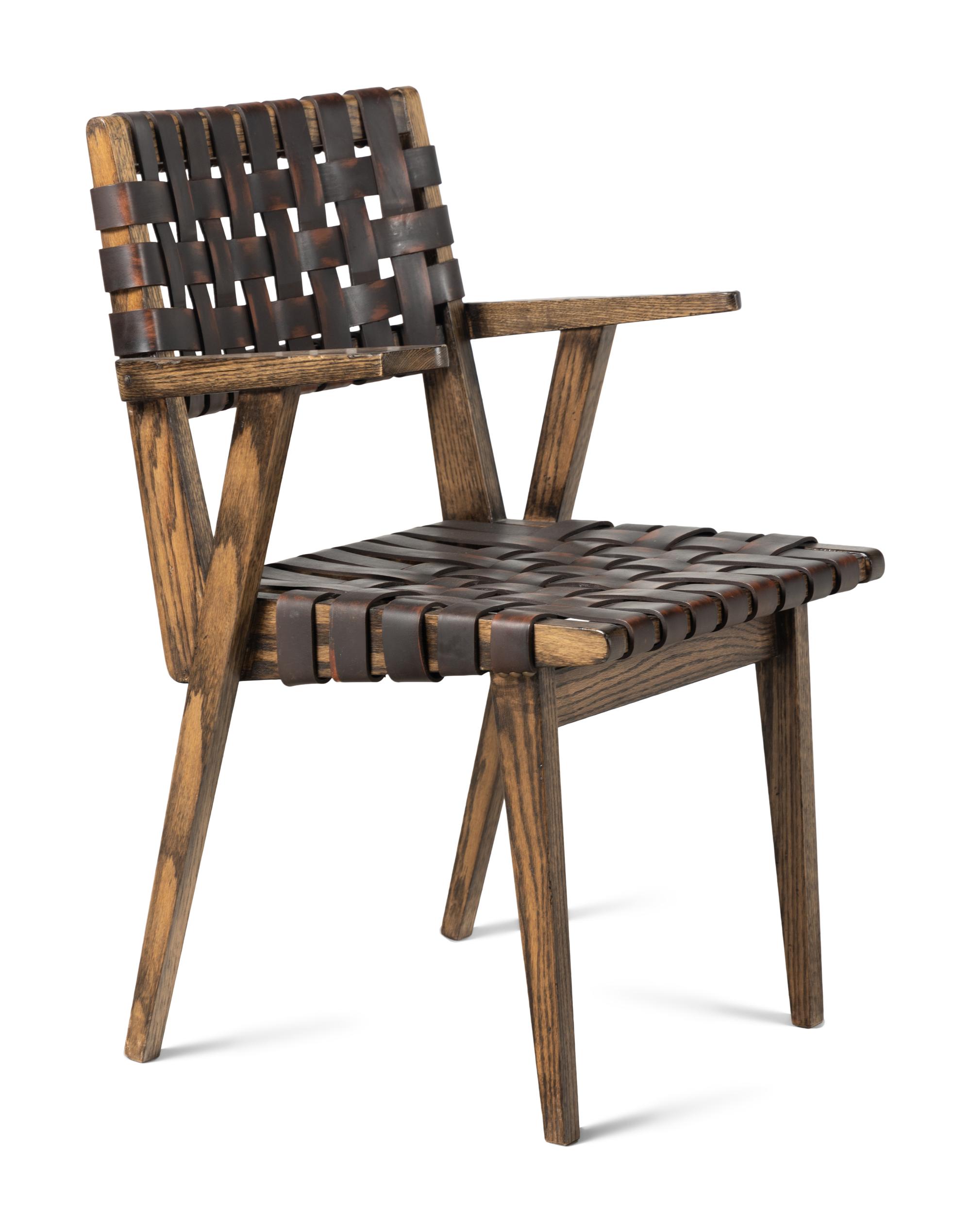 A Pair of Contemporary Wood and Leather Chairs with a Similar Stool