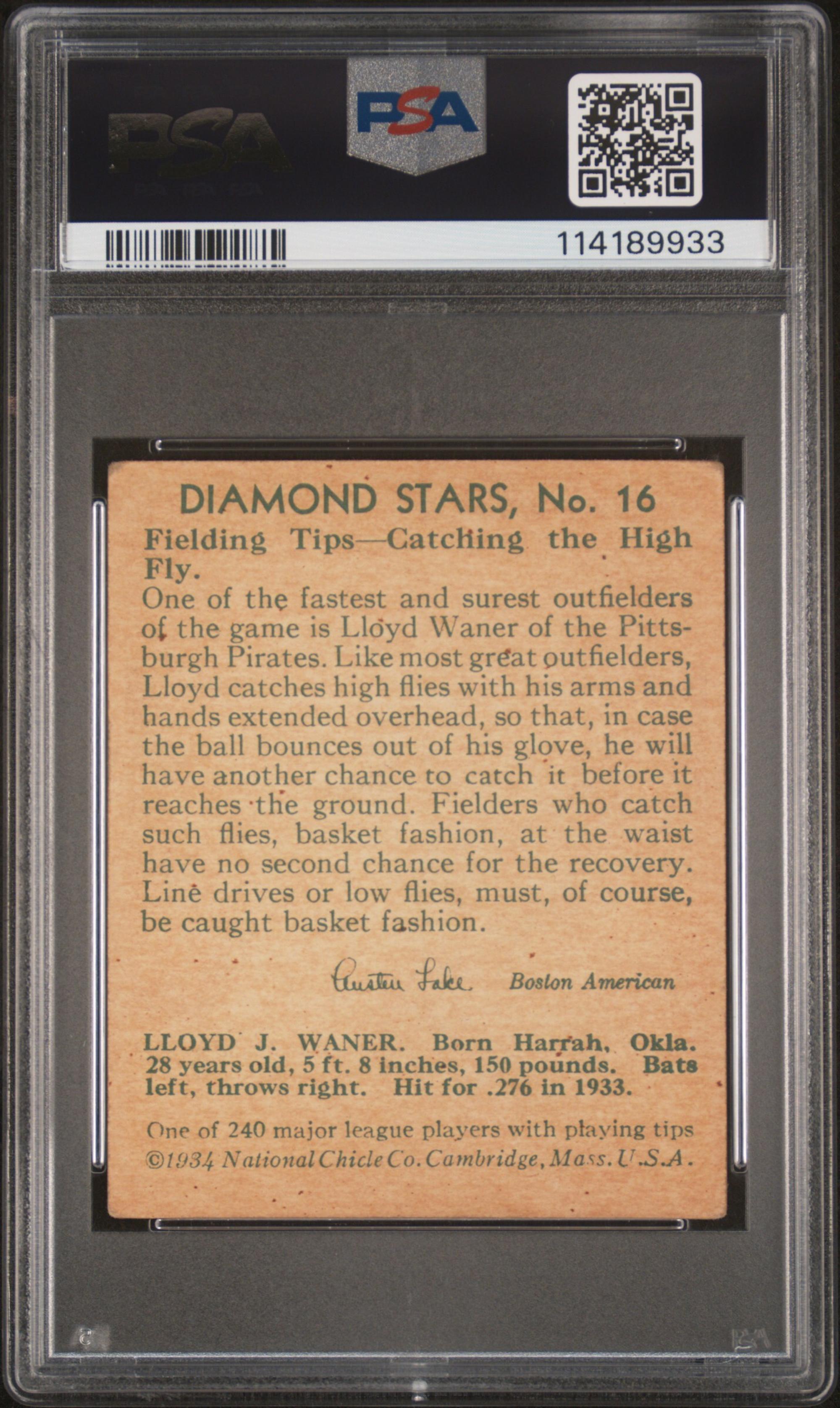 A 1934 Diamond Stars Lloyd Waner Baseball Card No. 16 (PSA 2 GOOD)