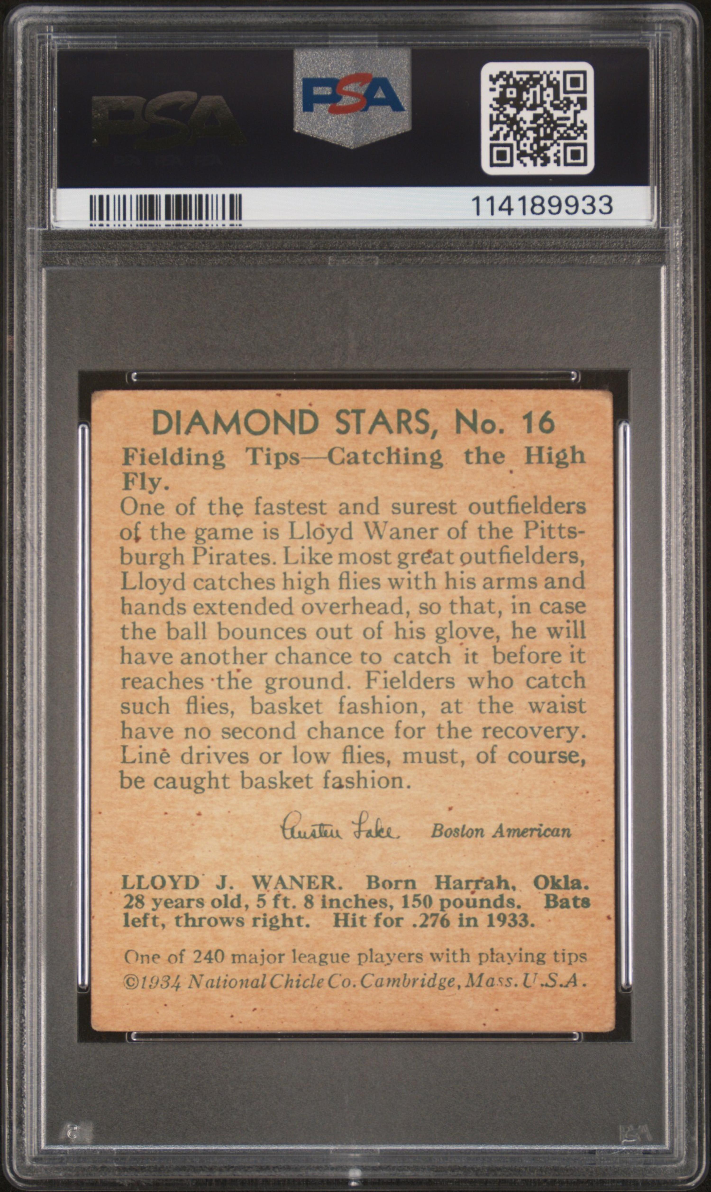 A 1934 Diamond Stars Lloyd Waner Baseball Card No. 16 (PSA 2 GOOD)