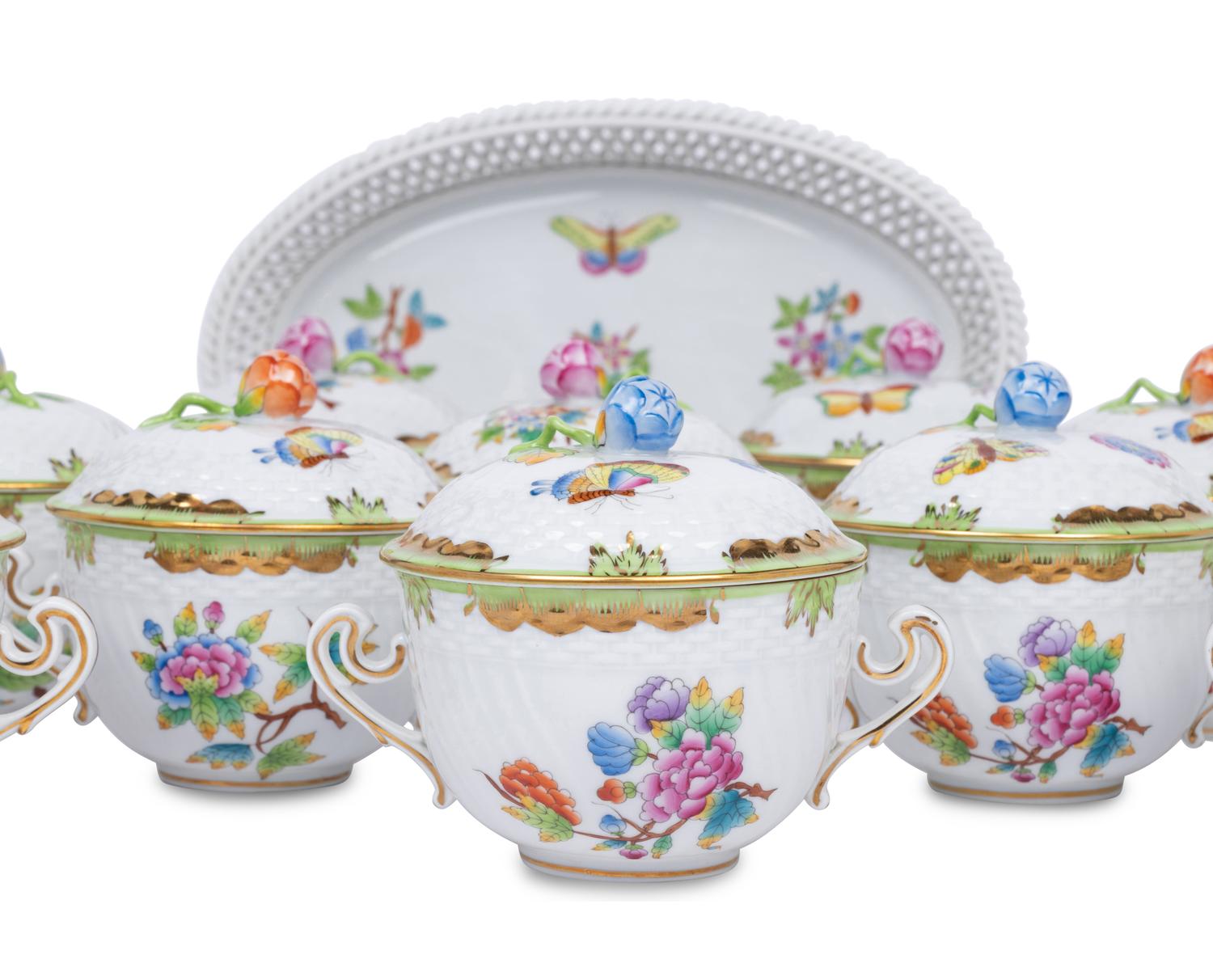 A Set of Twelve Herend Queen Victoria Porcelain Covered Bowls and a Tray