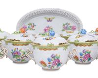 A Set of Twelve Herend Queen Victoria Porcelain Covered Bowls and a Tray
