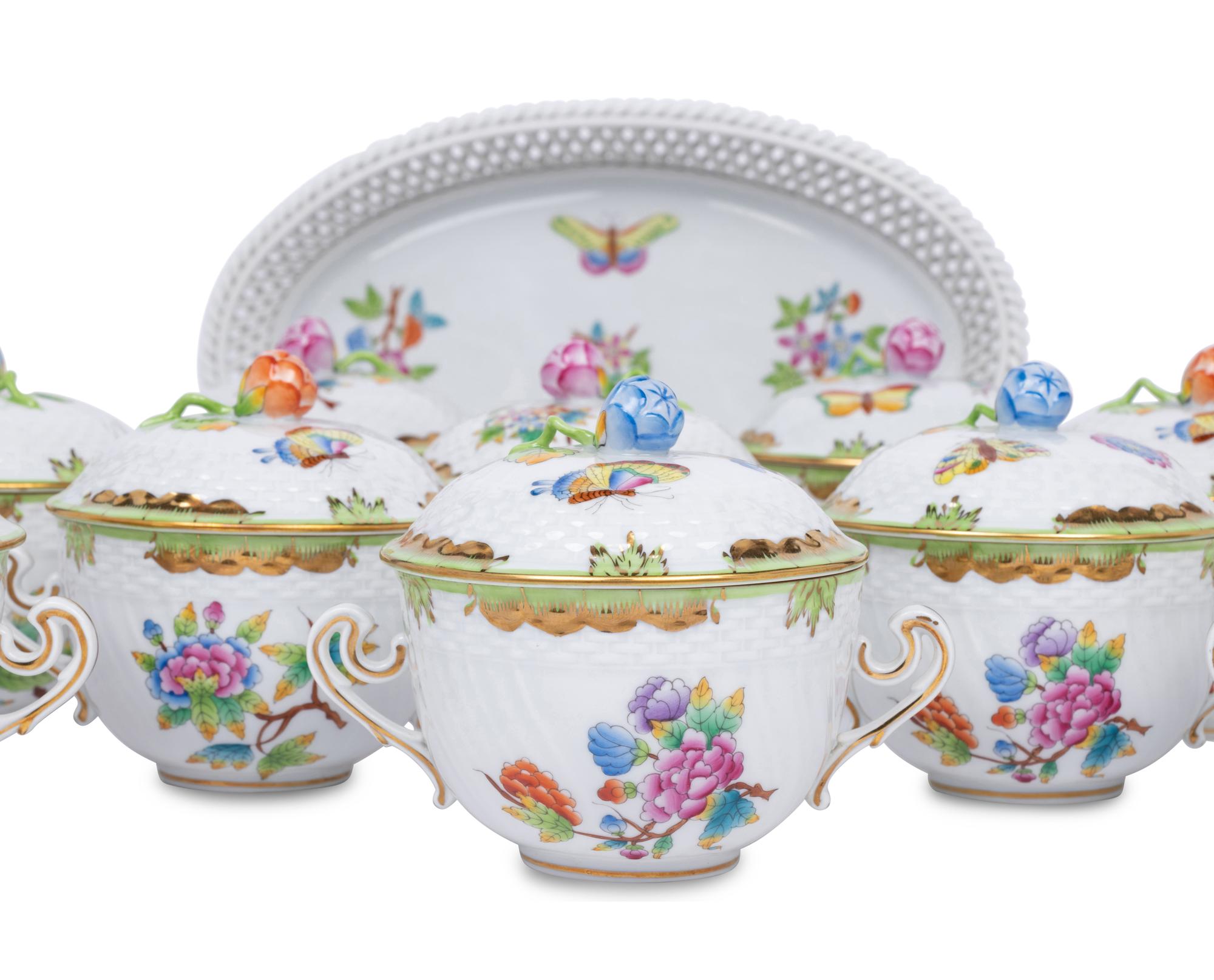 A Set of Twelve Herend Queen Victoria Porcelain Covered Bowls and a Tray